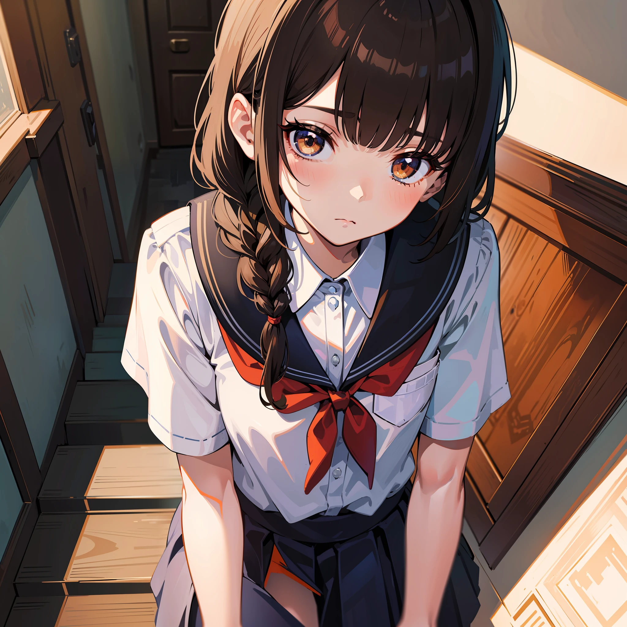 Anime Moe Art Style, 1girl, Masterpiece, Best Quality, Extreme Detail, Beautiful Face and Eyes Beautifully Meticulously Meticulous, High Resolution Illustration, 8K, Dark Strong Shadow, Overexposure, [Black/Brown Hair], Single Braid, Brown Eyes, Medium Nipples, Blunt Bangs, (Small Room, Cluttered Room, Stairs: 1.2), Schoolgirl Uniform