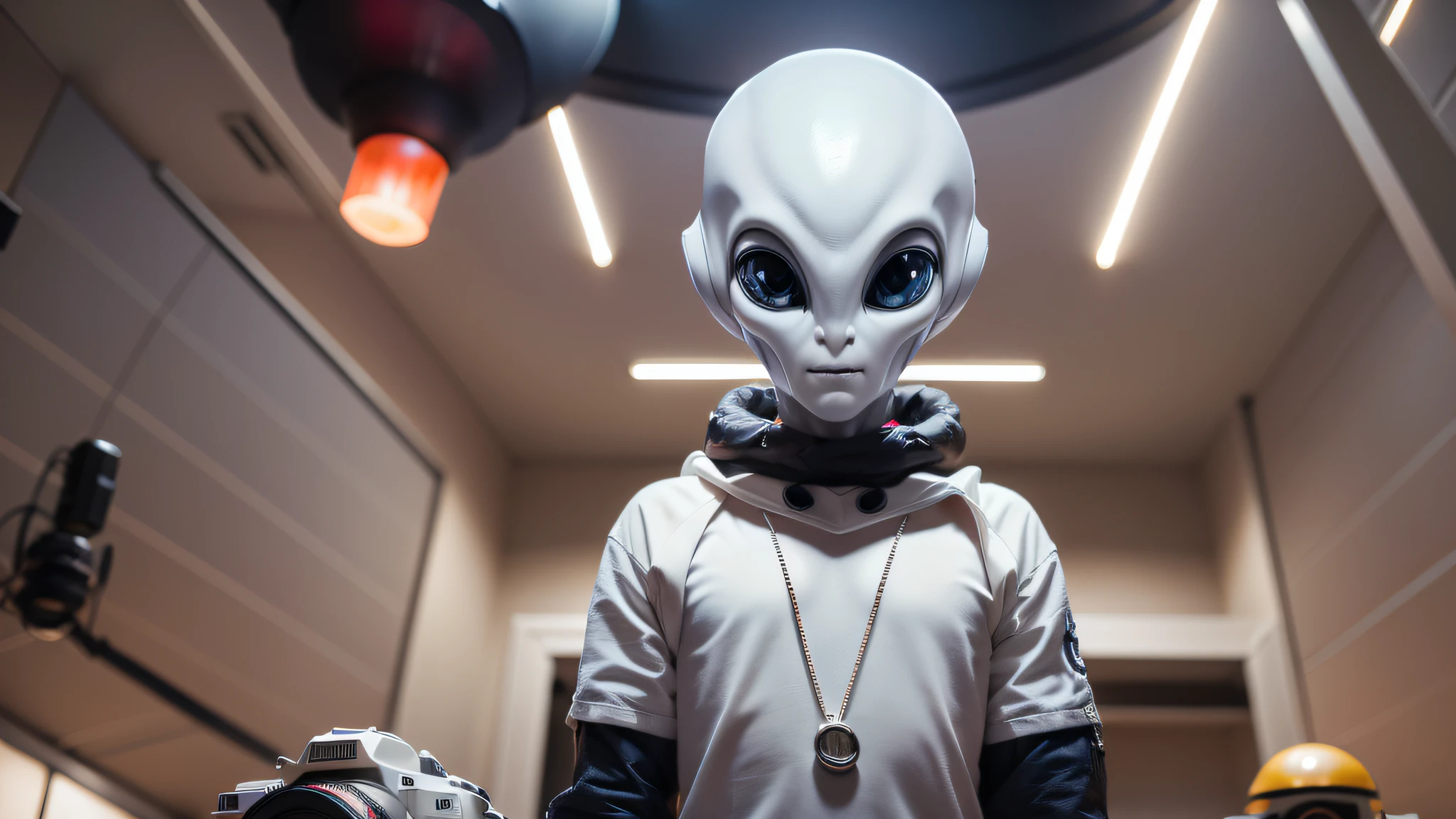 An alien, with albino and realistic skin, large head, short and thin neck, very large eyes and all black, which reflects the local lighting, a nose similar to that of humans but small, a mouth similar to that of humans but small, the body is thin and thin, the alien wears a white sleeve shirt with a letter made of small silver that appears to the right represented within a triangle of the same size, the clothing is inspired by the clothes used for surfing, the color to be used is red, pink chock and blue, as well as details of the environment, and manufactured with neoprene fabric, it is possible to notice a silver necklace hanging from his neck, with a pinjente in the triangular shape with an eye that sees everything in the center as a symbol. the alien is in a recording studio whose scenery is minimalist and features a gray background in gradient hue to circular white, the camera captures the image from the waist up, the alien presents friendly and light expressions, the alien interact with the camera always with a slight smile of satisfaction and tranquility, The skin used and all the elements are of extreme realism, especially the skins, the lighting is an illumination inspired by the 80s.