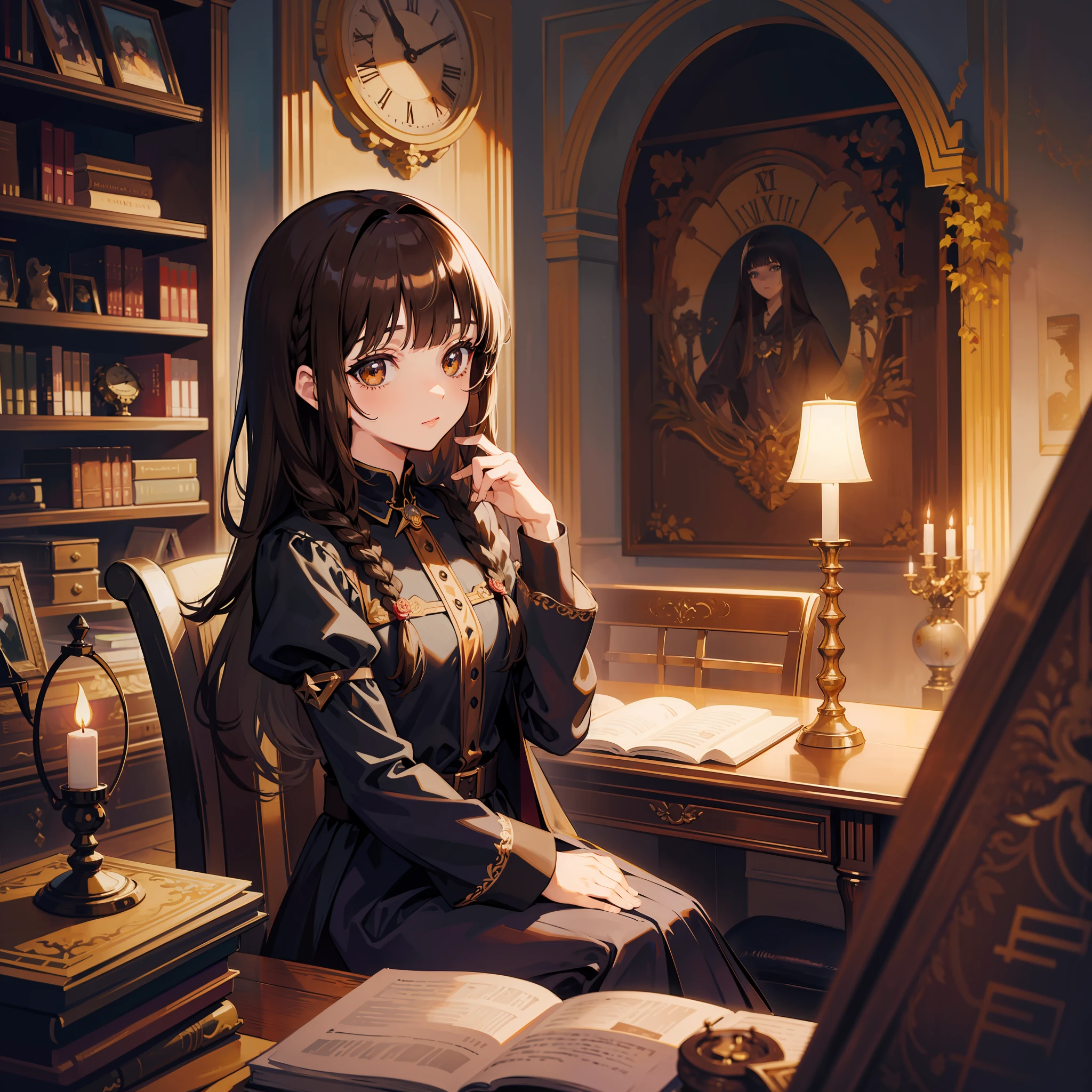 Anime Moe Art Style, 1girl, Masterpiece, Best Quality, Extreme Detail, Cinematic Lighting, Intricate Details, High Resolution, Official Art, Beautiful Face and Eyes Beautifully Detailed, High Resolution Illustration, Dark Strong Shadows, Overexposure, [Black/Brown Hair], Single Braid, Brown Eyes, Sitting on a Chair, Medium, Dress, Bookshelf, Library, Vine, Roses, Looking at the Viewer, Blunt Bangs, Bookshelf, Witch's Room, Candle, Pentagram, Clock, Vintage Globe