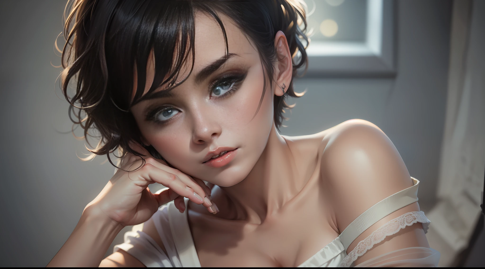 Best quality, masterpiece, ultra high res, (photorealistic:1.5), raw photo, 1girl, offshoulder, in the dark, deep shadow, low key, cold light, sexy look, short hair