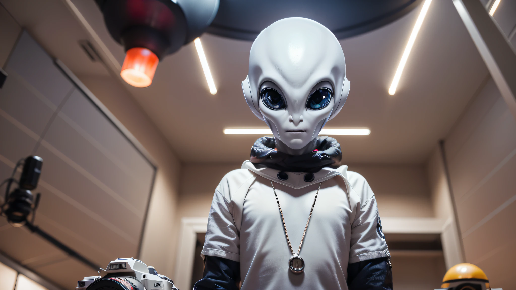 An alien, with albino and realistic skin, large head, short and thin neck, very large eyes and all black, which reflects the local lighting, a nose similar to that of humans but small, a mouth similar to that of humans but small, the body is thin and thin, the alien wears a white sleeve shirt with a letter made of small silver that appears to the right represented within a triangle of the same size, the clothing is inspired by the clothes used for surfing, the color to be used is red, pink chock and blue, as well as details of the environment, and manufactured with neoprene fabric, it is possible to notice a silver necklace hanging from his neck, with a pinjente in the triangular shape with an eye that sees everything in the center as a symbol. the alien is in a recording studio whose scenery is minimalist and features a gray background in gradient hue to circular white, the camera captures the image from the waist up, the alien presents friendly and light expressions, the alien interact with the camera always with a slight smile of satisfaction and tranquility, The skin used and all the elements are of extreme realism, especially the skins, the lighting is an illumination inspired by the 80s.