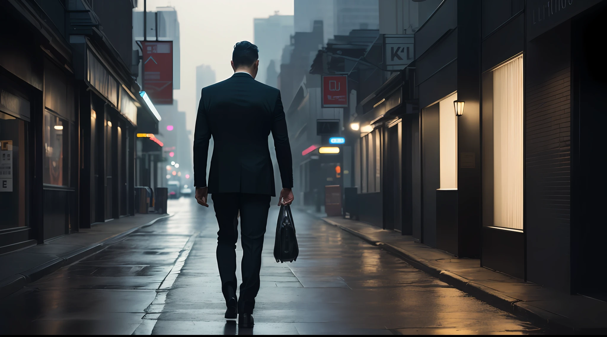 Back of a mysterious man, walking, suit and tie, walking on a quiet dark street, dark, dramatic, (((thin, small)), photorealistic, photo, masterpiece, realistic, realism, photorealism, high contrast, photorealistic digital art trend on Artstation 8k HD high definition detailed realistic, detailed, skin texture, hyper detailed, realistic skin texture, armor, best quality, ultra high resolution, (photorealistic: 1.4), high resolution, detailed, raw photo, sharp re, by lee jeffries nikon d850 film stock photography 4 kodak camera portra 400 lens f1.6 rich colors hyper realistic texture dramatic lighting irrealengine trending on artstation cinestill 800,