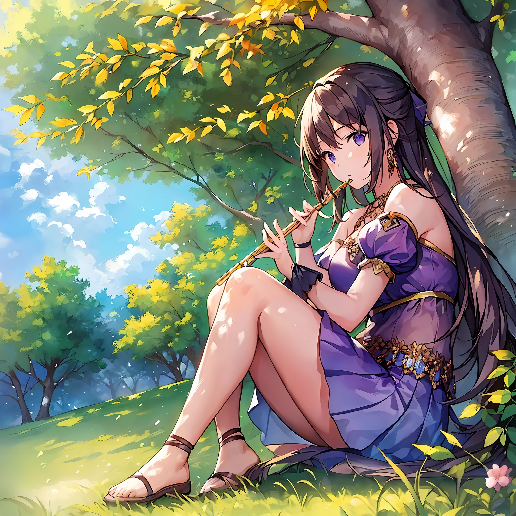 1 girl, sitting in the shade of a tree, ((playing a flute)), full body, distant view, (masterpiece, high quality), ((pastel art))