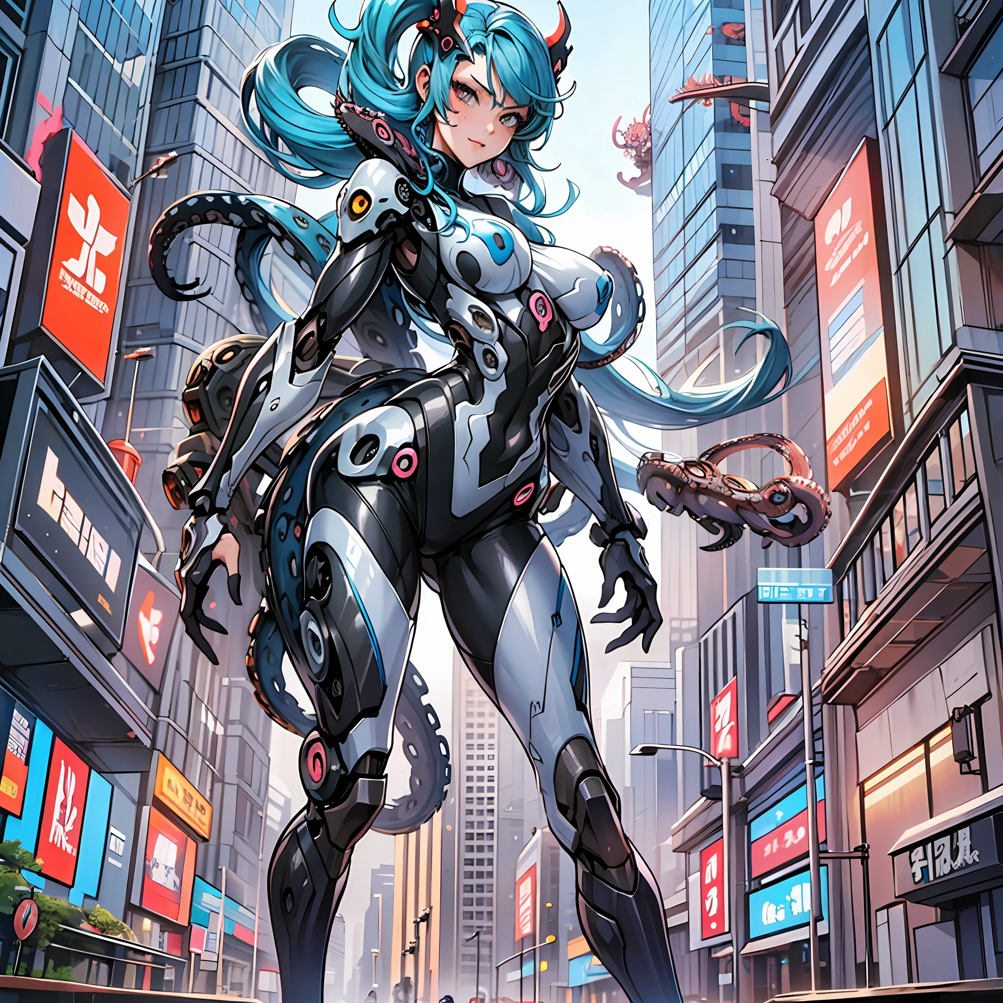 Woman in Mimic Octopus color costume, best anime 4K wallpaper, full body, cyberpunk octopus, mechanized valkyrie girl, biomechanical, highly detailed artgerm based on octopus, cyborg octopus, anime style 4k, octopus