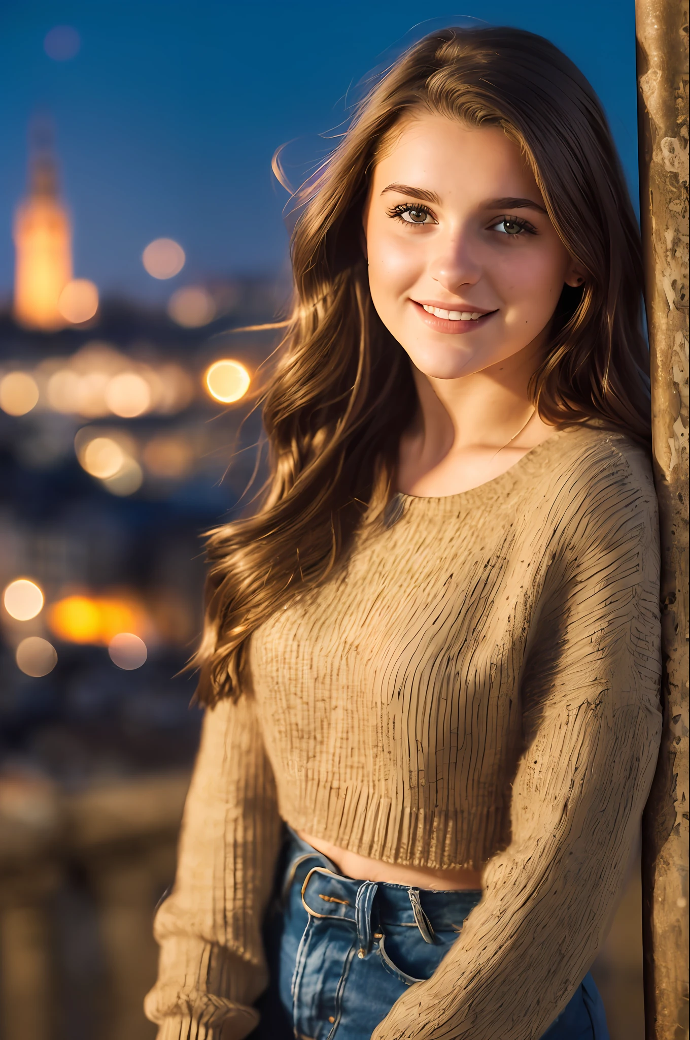 A portrait of a young woman with brown hair, brown eyes, ((18 years old)), ((upper body portrait, happy)), European city in the background, ((old poles)), ((nice weather)), (((night)), dark lighting, realistic shadows, ultra realistic, photorealistic, 8K, Full HD, 55mm lens, closeup shot, volumetric lighting