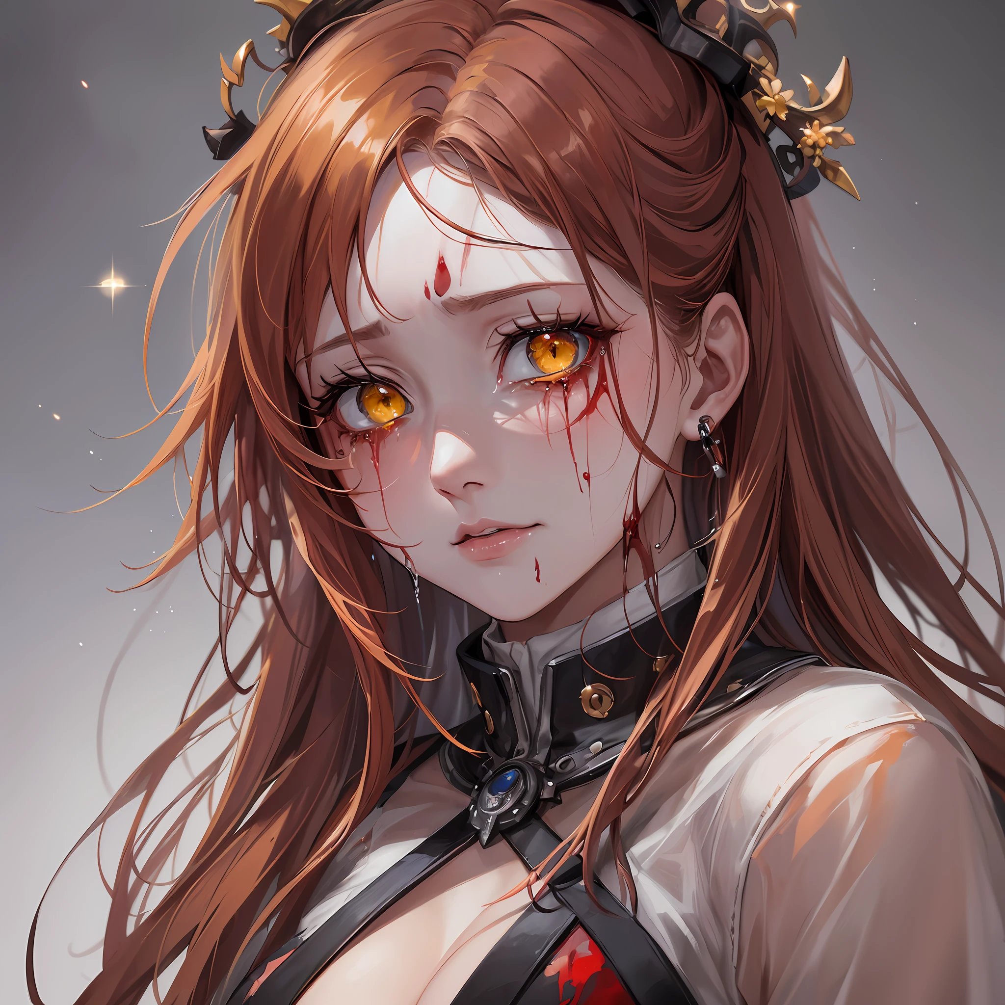 (best quality), (masterpiece), (artwork), (best illustration, desinger, colors), (best development), (detailed eyes), (extremely detailed eyes:1.2), (glowing eyes, bright, sparkling:1.3), a beautiful girl, long red hair (the color of blood), (detailed yellow eyes), white skin, background of rustic art scenery of an insane asylum, she is wearing a bloodied straitjacket (crying blood on her beautiful macabre face:1.3)[0.9]