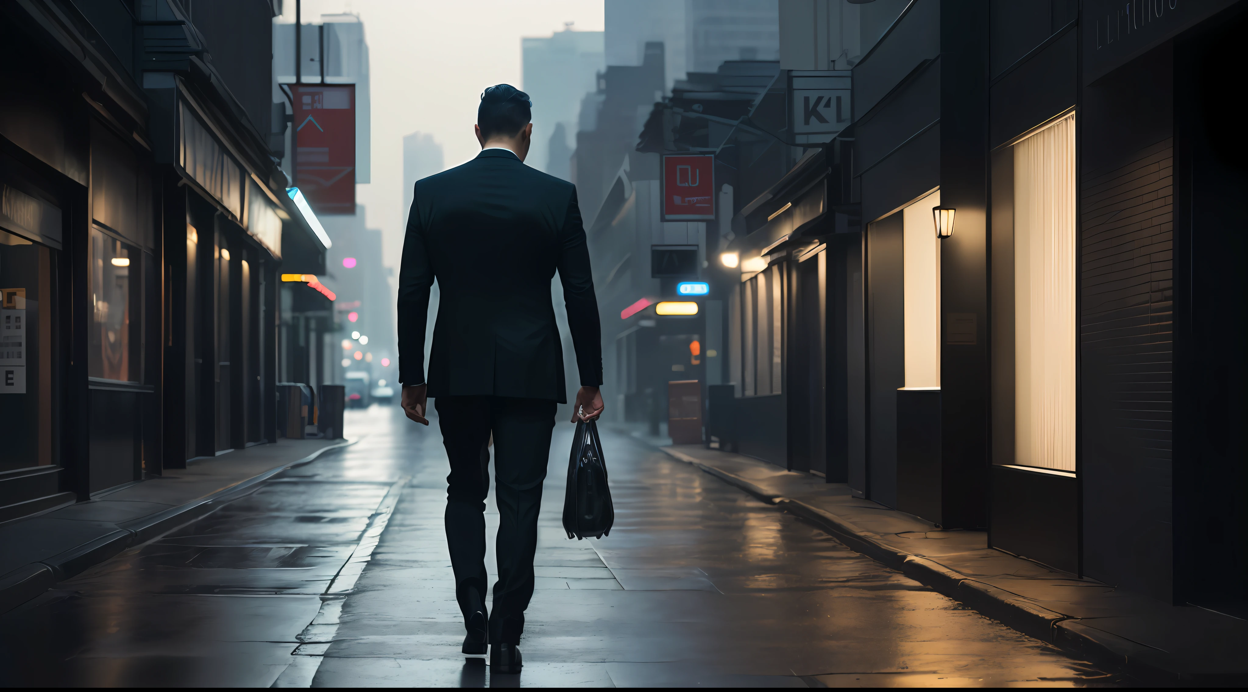 Back of a mysterious man, walking, suit and tie, walking on a quiet dark street, dark, dramatic, (((thin, small)), photorealistic, photo, masterpiece, realistic, realism, photorealism, high contrast, photorealistic digital art trend on Artstation 8k HD high definition detailed realistic, detailed, skin texture, hyper detailed, realistic skin texture, armor, best quality, ultra high resolution, (photorealistic: 1.4), high resolution, detailed, raw photo, sharp re, by lee jeffries nikon d850 film stock photography 4 kodak camera portra 400 lens f1.6 rich colors hyper realistic texture dramatic lighting irrealengine trending on artstation cinestill 800,