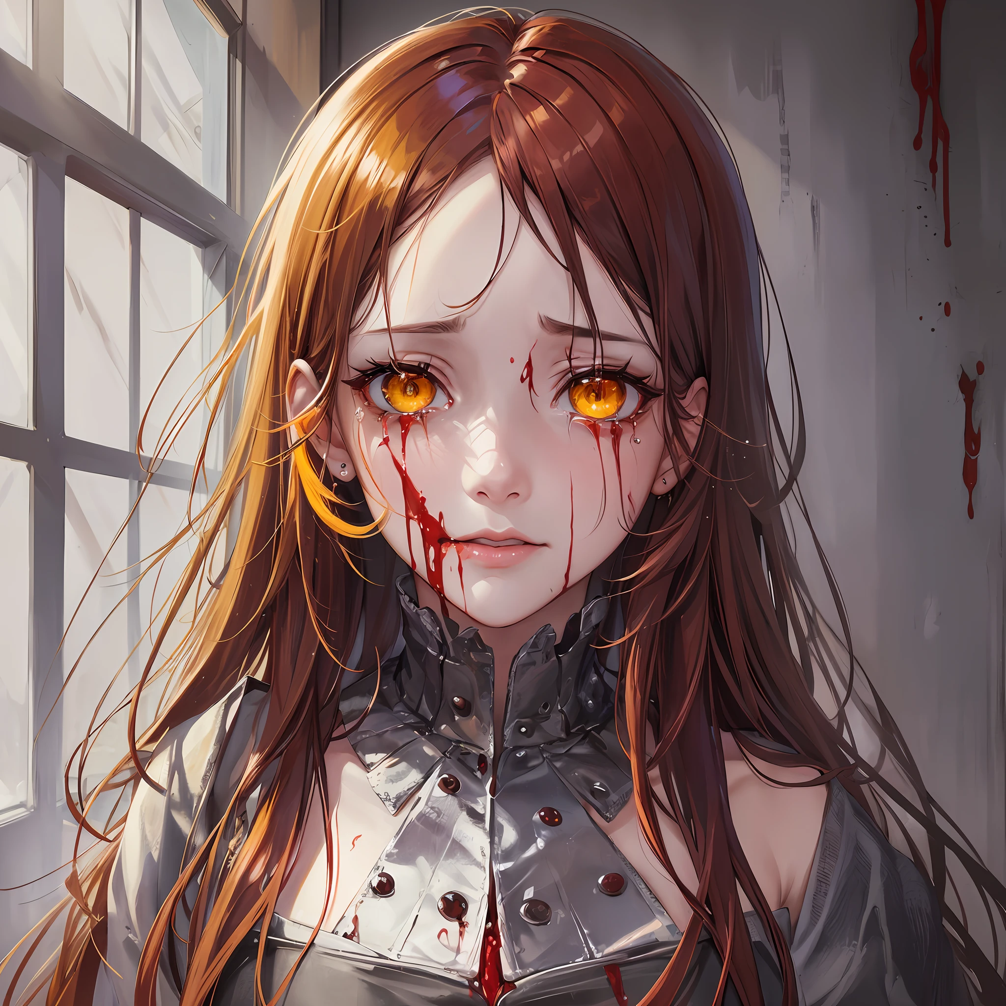 (best quality), (masterpiece), (artwork), (best illustration, desinger, colors), (best development), (detailed eyes), (extremely detailed eyes:1.2), (glowing eyes, bright, sparkling:1.3), a beautiful girl, long red hair (the color of blood), (detailed yellow eyes), white skin, background of rustic art scenery of an insane asylum, she is wearing a bloodied straitjacket (crying blood on her beautiful macabre face:1.3)[0.9]