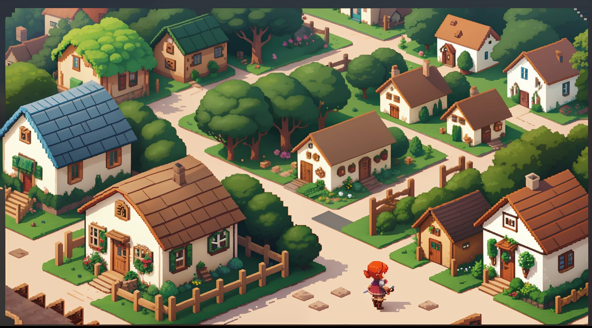 "Pixel Art, village with cute houses, lovely forest with mines and cute monsters, coppery red haired back girl with a sword in hand, stardew valley style"