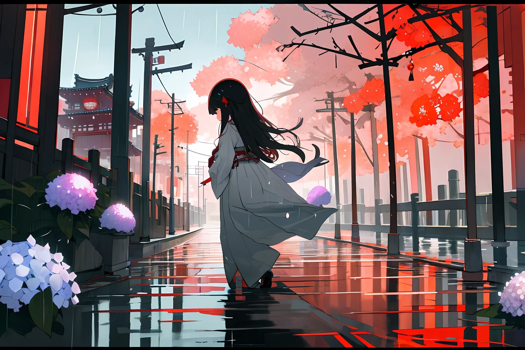 Asakusa Rain Kimono Female Rear View Hydrangea