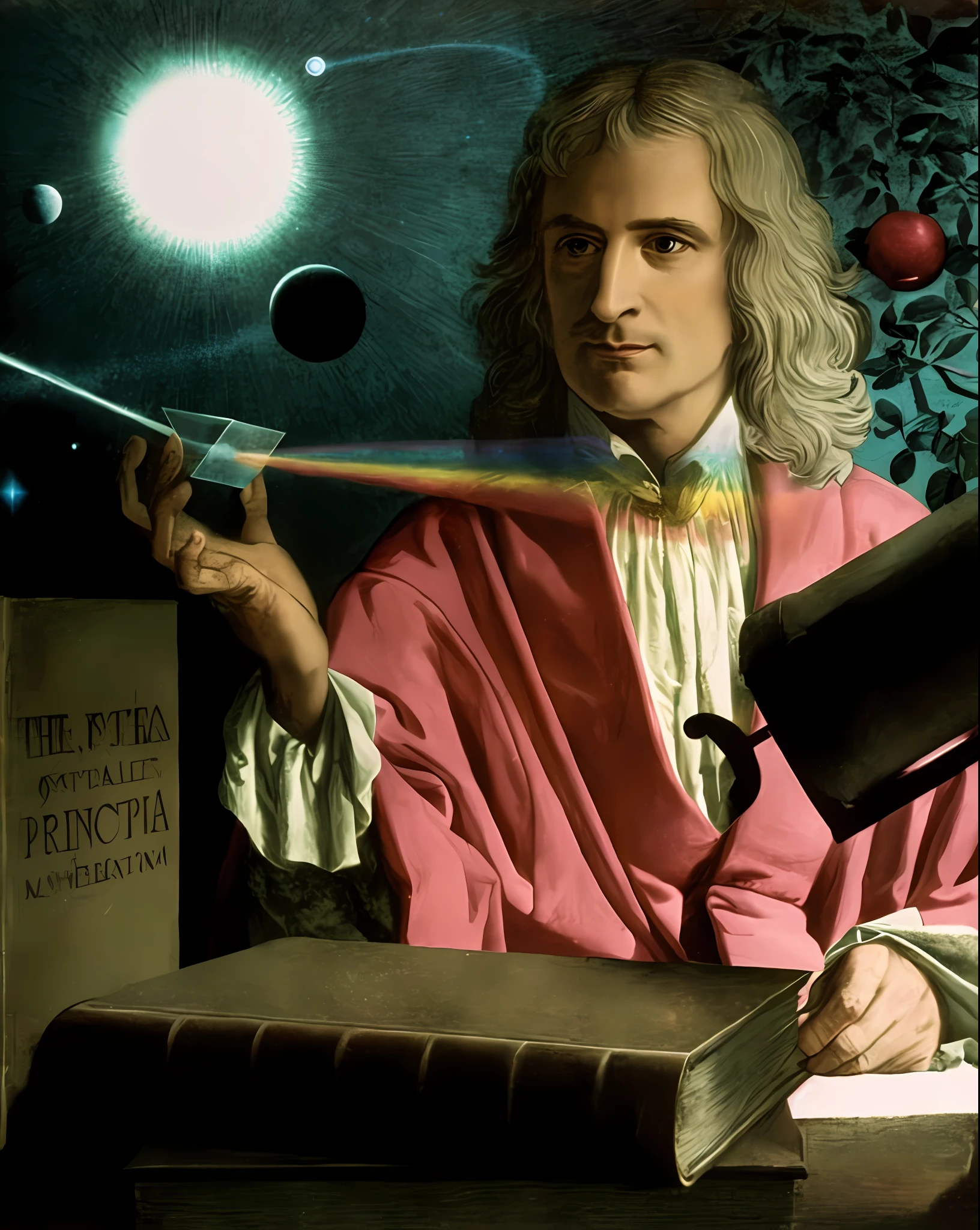 Isaac Newton, genius, scientist, discovered the laws of gravity, holding a prism being illuminated by a beam of light, which creates the reflection of a rainbow, background has an illustration of the universe, the front there is a book and on top of the book has a telescope