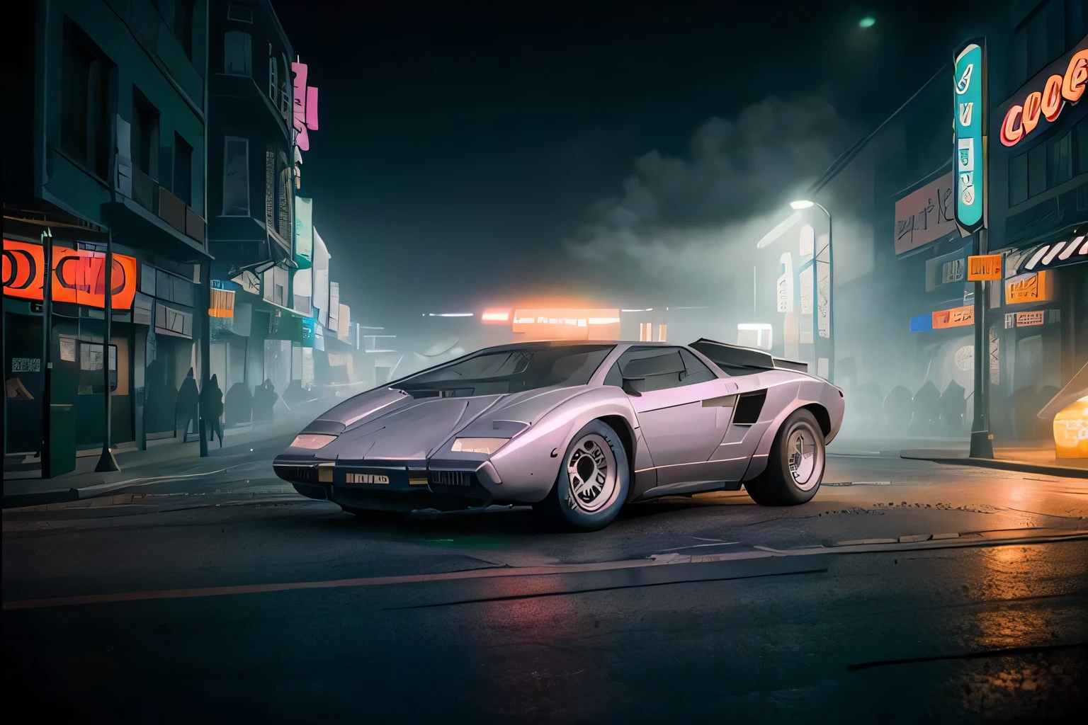 analog gloomy photo of an iridescent silver Lamborghini Countach car, ((at night)), in crowded cyberpunk chinatown, surrounded by a crowd, (neon signs:1.2),(neon lights:1.4), ((vaporwave:1.2)), retrowave, (outrun), (cyberpunk), (laser beams), futuristic, magical, surreal, dreamy, High Detail, Sharp focus, (photorealism), realistic, best quality, 8k, award winning, dramatic lighting, epic, cinematic, masterpiece, rim light, ambient fog:1.5, dutch angle, wide angle lens, ,