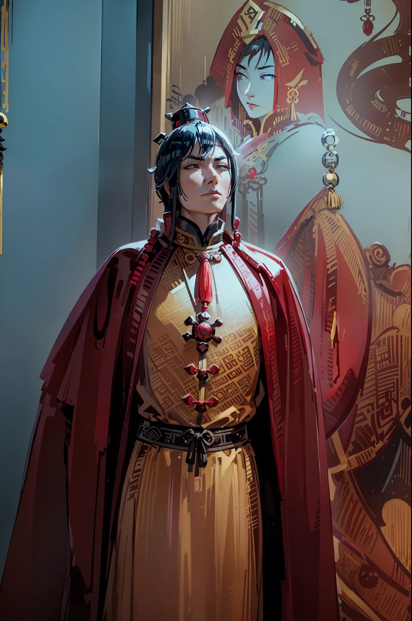 Zheng He, chinese sailor, yellow chinese imperial noble suit, red cape, black futou hat, looking forward confidently, blue chinese dragon behind him, best quality, (high detailed skin:1.2), epic, masterpiece, dark studio, 8k uhd, dslr, soft lighting, high quality, volumetric lighting, candid, Photograph, high resolution, 4k, 8k