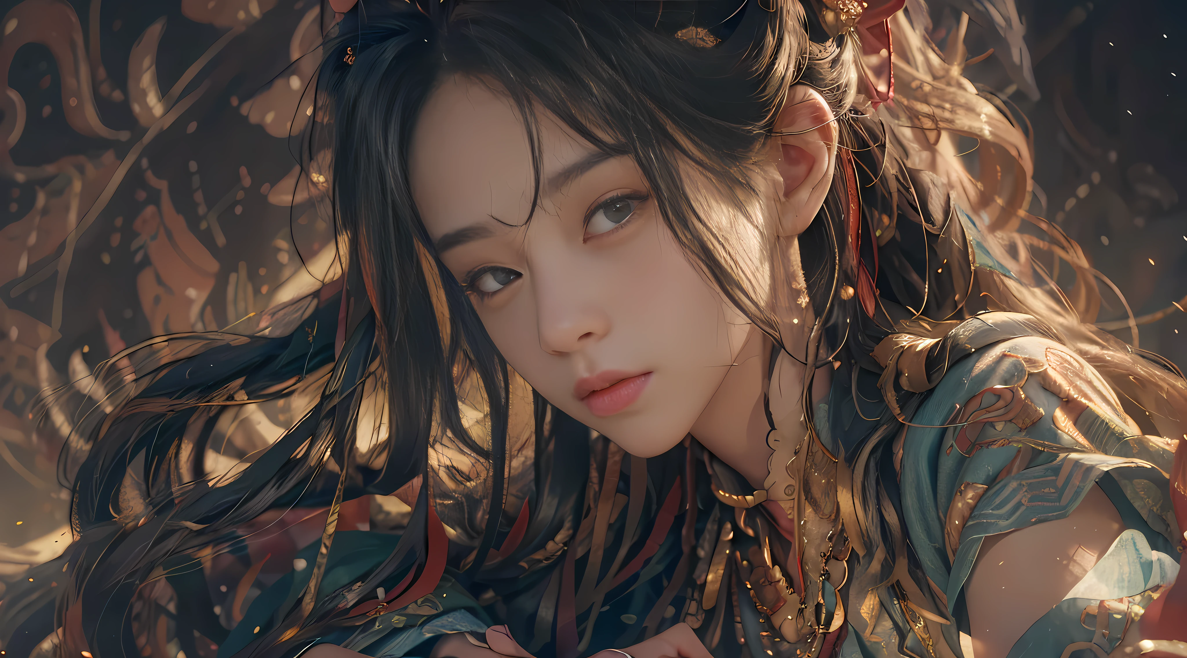 (RAW photo, best quality), (realistic, photo-realistic:1.3),best quality,highly detailed,masterpiece,ultra-detailed,illustration,1girl,upper_body,dynamic angle,world masterpiece theater,messy_long_hair,best quality,extremely detailed CG unity 8k wallpaper,ink,Amazing,cinematic lighting,lens_flare, dunhuang_style