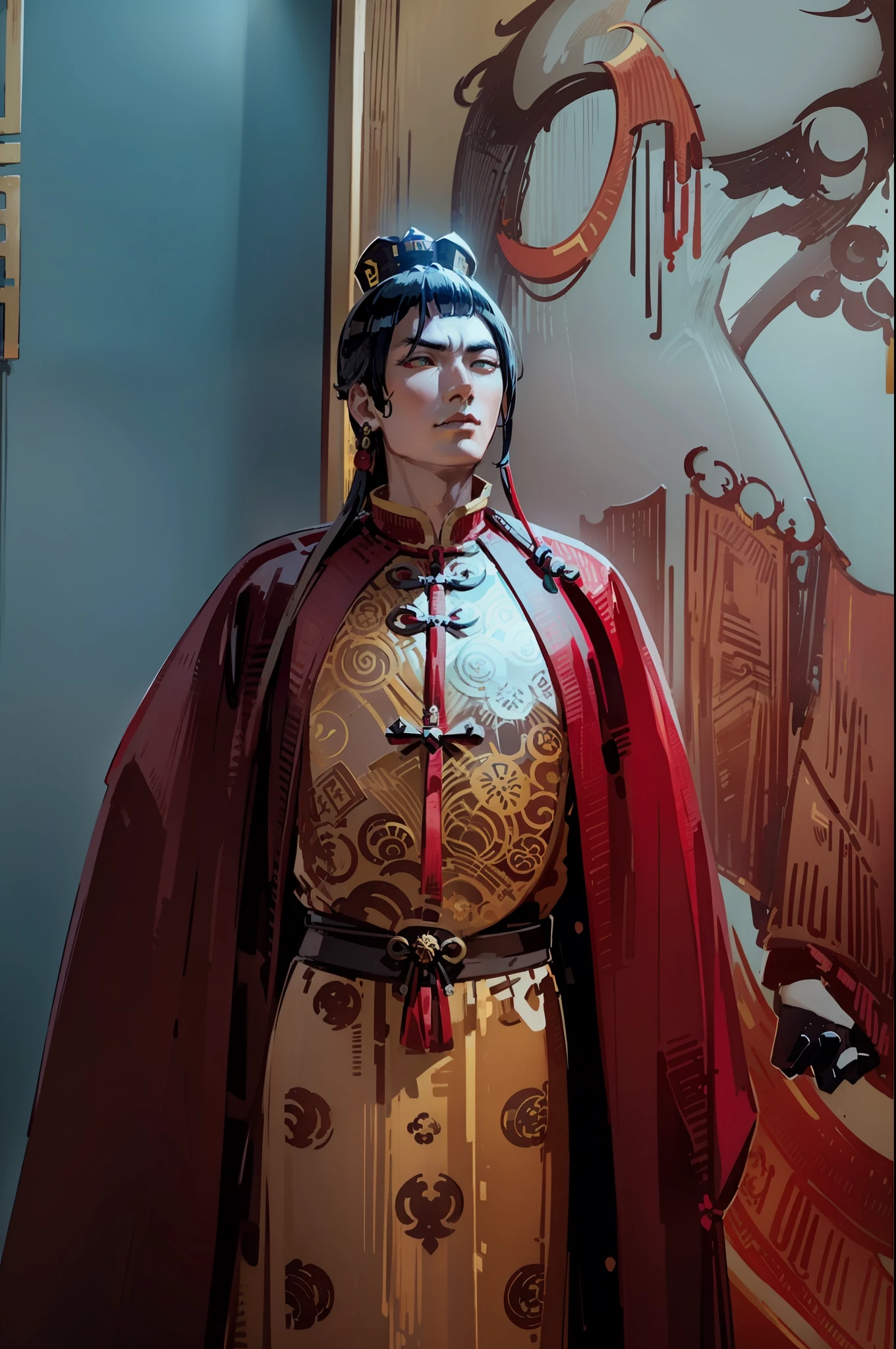 Zheng He, chinese sailor, yellow chinese imperial noble suit, red cape, black futou hat, looking forward confidently, blue chinese dragon behind him, best quality, (high detailed skin:1.2), epic, masterpiece, dark studio, 8k uhd, dslr, soft lighting, high quality, volumetric lighting, candid, Photograph, high resolution, 4k, 8k