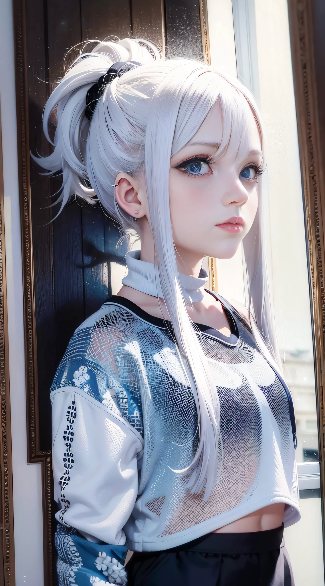 best quality, masterpiece,[white|red] hair, Ponytail,blue eyes,white clothes, upper body