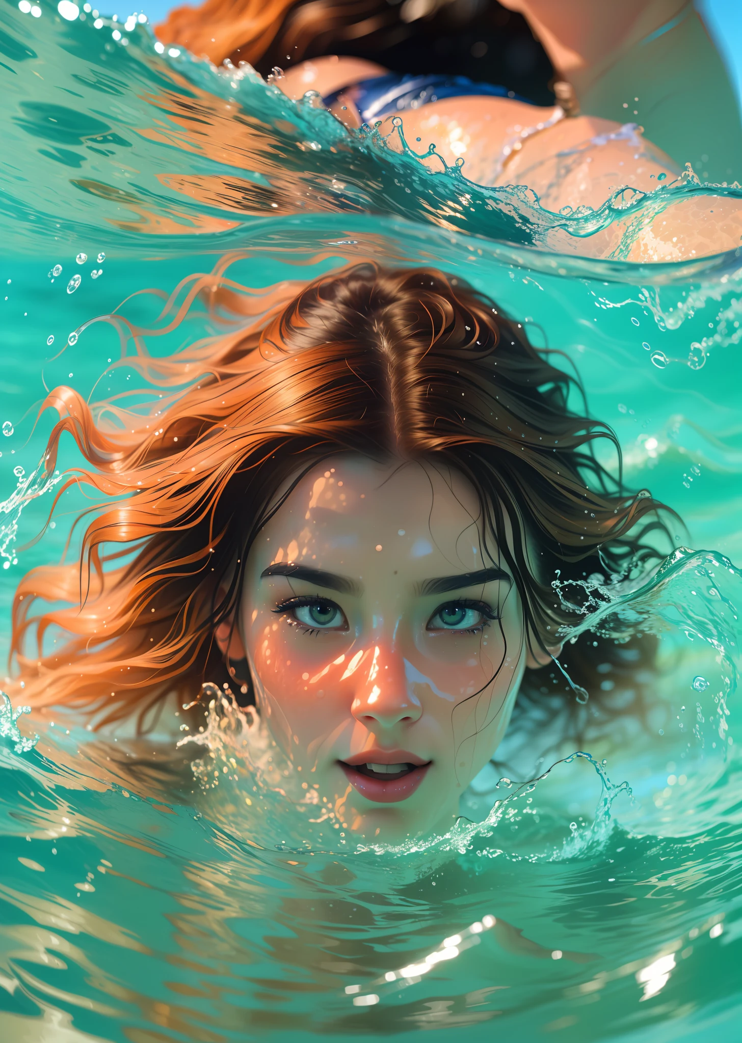 (swimmer diving), a beautiful portrait in realistic style, oil painting, with a touch of surrealism, (1 woman), tanned skin, long wavy hair, diving in crystal clear water, vibrant reflections, elegant movement, background in shades of light blue, soft waves, aquatic nuances, Kodak Portra 400, natural light, intricate details, hyper-realistic photography, cinematic, cinema, hyper-detail, UHD, color correction, hdr, color grading, hyper-realistic CG animation