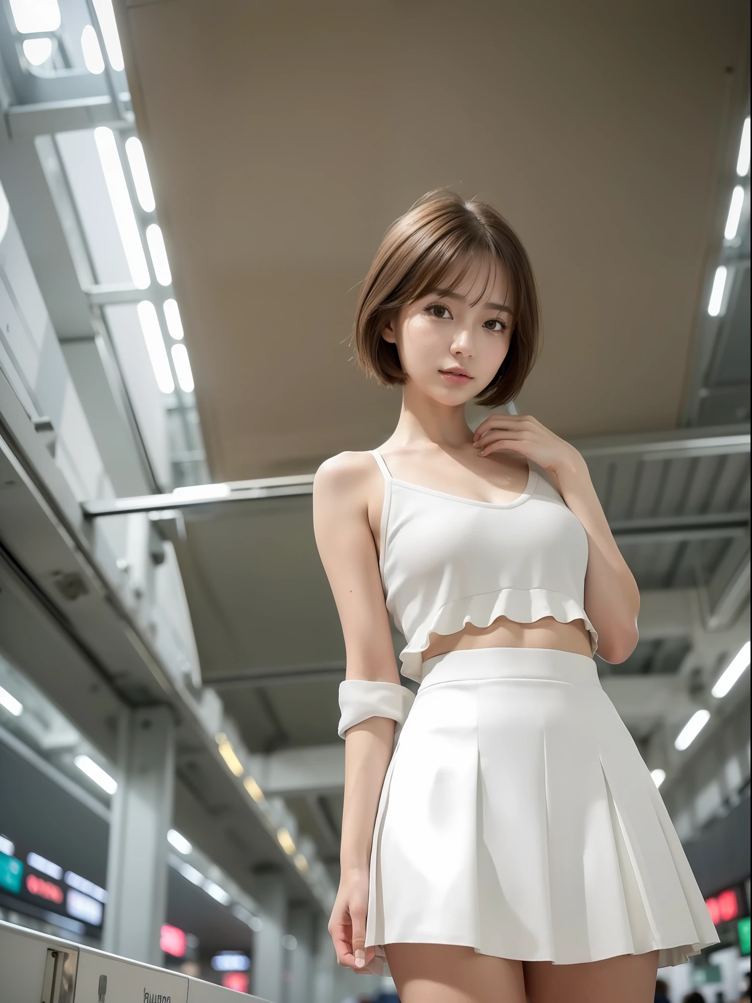 ((Best quality, 8k, Masterpiece: 1.3, raw photo)), Sharp focus: 1.2, (1 AESPA girl: 1.1), (realistic, photo-realistic:1.37), face focus, cute face, small breasts, flat chest, brunette short messy hair, standing, white clothes, business skirt, train station, terminal, sunlight, cinematic lighting, from below