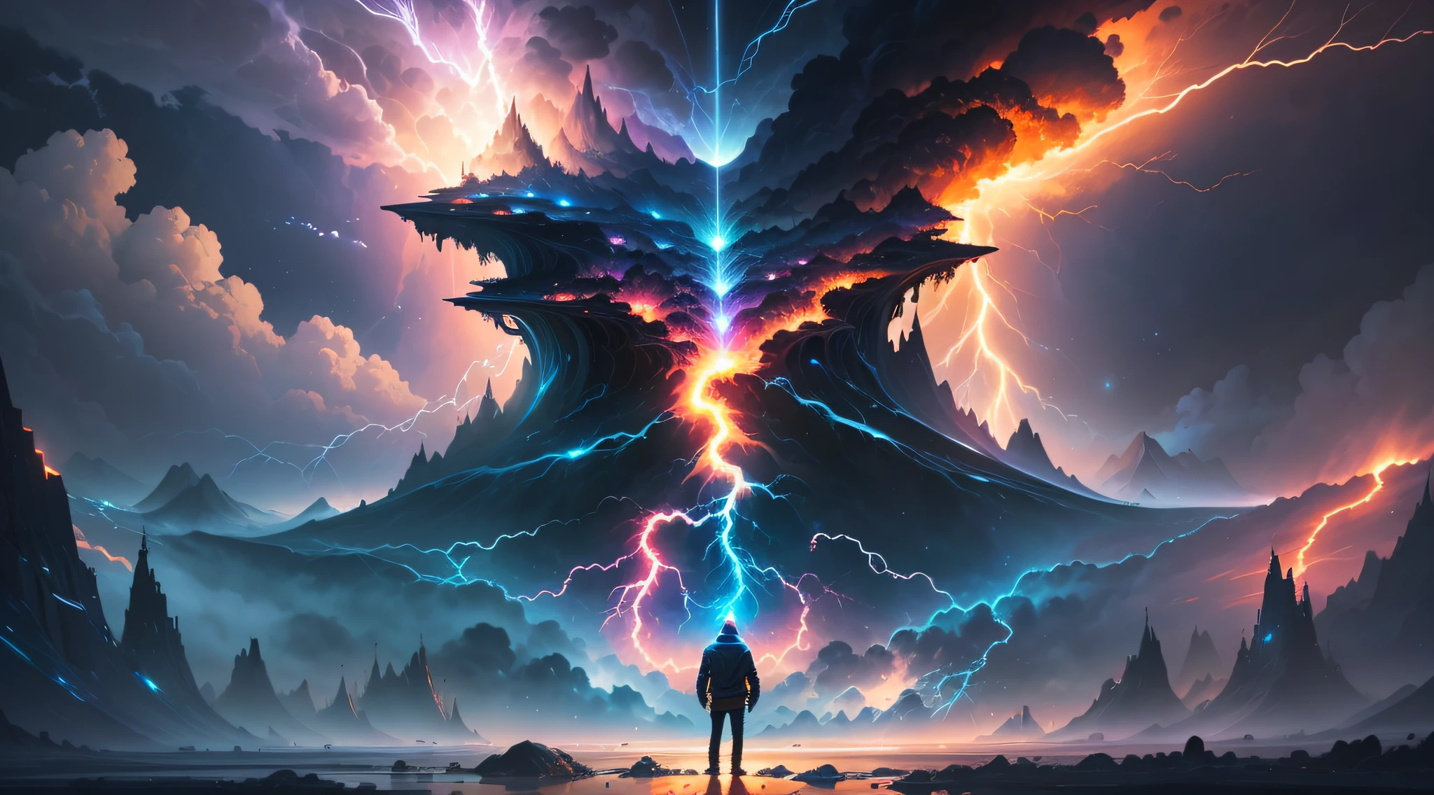 a man standing in front of lightning in the sky, fractal thunder dan mumford, incredible lightning art, surreal lighting, inspired by Cyril Rolando, splashes of lightning behind her, lightning creating life, she's attracting lightning, Cyril Rolando and Christopher Balaskas' Goro Fujita in Cyril Rolando style.