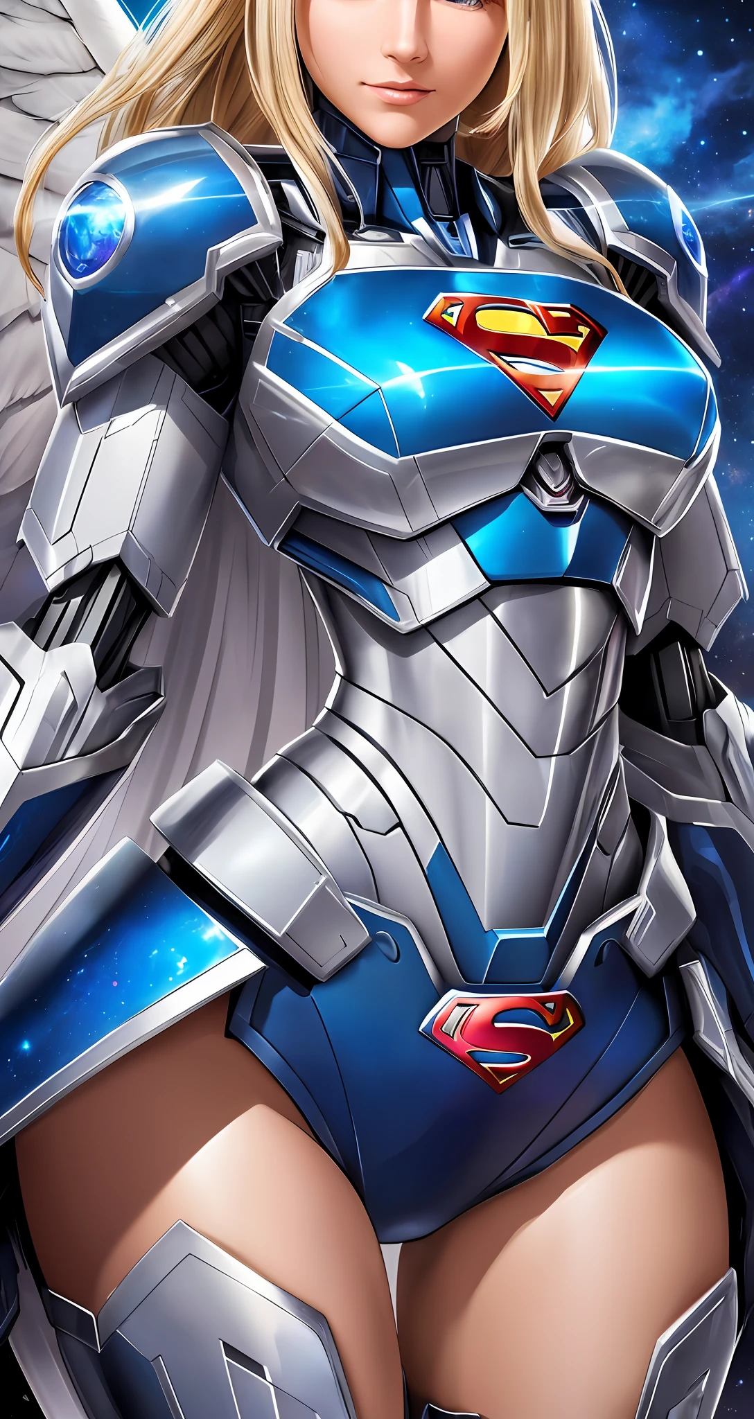 Beautiful Supergirl, 4K, High Resolution, Masterpiece, Best Quality, Clear Focus, (Movie Lighting), Clavicle, [:( Facial details: 1.2:0.2], (Mecha Woman, Invincible Mecha), Broken Armor Shock, Long White Hair, Robotic Arm, Ceramic Exoskeleton, (Bird-like Wings: 1.4, Mechanical Wings: 1.5, Eagle Wings: 1.4), Heavy Armor, Slightly convex chest, (Gorgeous Universe, Planet Background), Extreme Cosmic Storm Style, Translucent and Reflective Skin, The world's best image quality of ultra-8K, unlimited freedom to display the dynamic posture of the mecha,   exquisite facial features, surreal feel, (realism: 1.5). Blue eyes, long-haired blonde, wearing Superman's S on her chest. --auto --s2