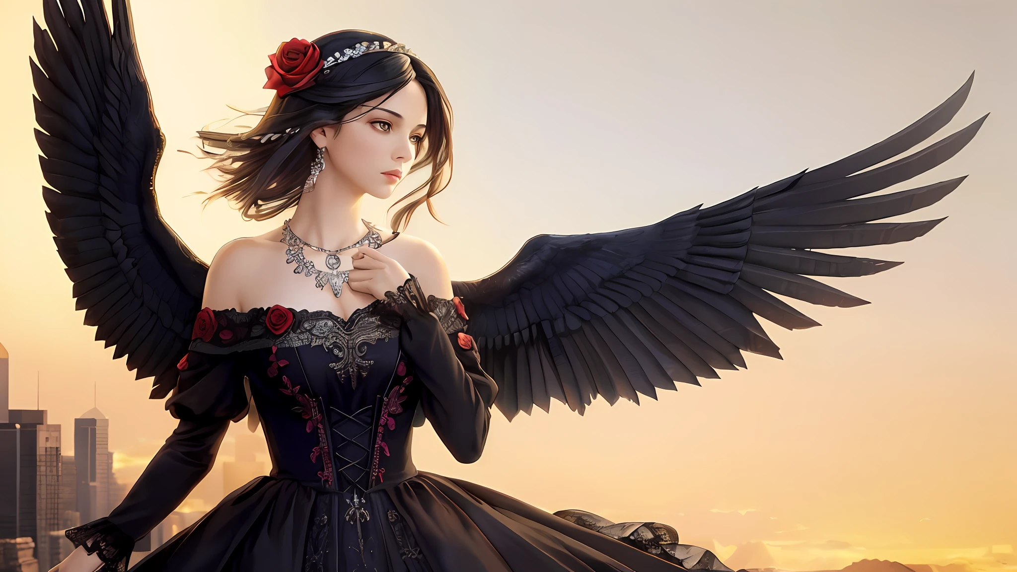 (masterpiece, top quality, best quality, official art, beautiful and aesthetic:1.3)(RAW photo, best quality), (realistic, photo-realistic:1.3), masterpiece, hyper detail, intricate details, CG, unity, 2k wallpaper, Amazing, dramatic light, Phoenix dress, 1girl, black dress, lace trim, solo, flower, detail bright eyes, jewelry, hair ornament, necklace, wings, bare shoulders, black hair, bird, rose