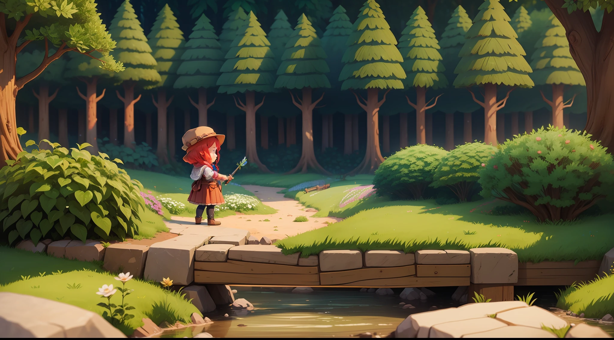 (a Stardew Valley-style game scene), wallpaper with high quality, ultra-realistic details, [dense foliage:1.2+tall trees], [a little girl holding a sword in her hand, with her back facing the camera, red hair:1.3], a mine near the background, an adventure full of possibilities.