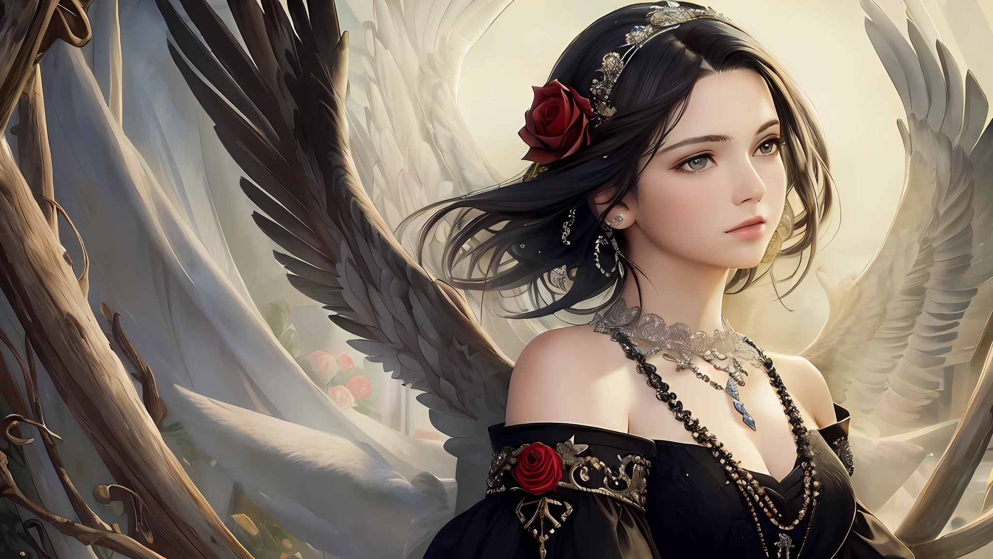(masterpiece, top quality, best quality, official art, beautiful and aesthetic:1.3)(RAW photo, best quality), (realistic, photo-realistic:1.3), masterpiece, hyper detail, intricate details, CG, unity, 2k wallpaper, Amazing, dramatic light, Phoenix dress, 1girl, black dress, lace trim, solo, flower, detail bright eyes, jewelry, hair ornament, necklace, wings, bare shoulders, black hair, bird, rose