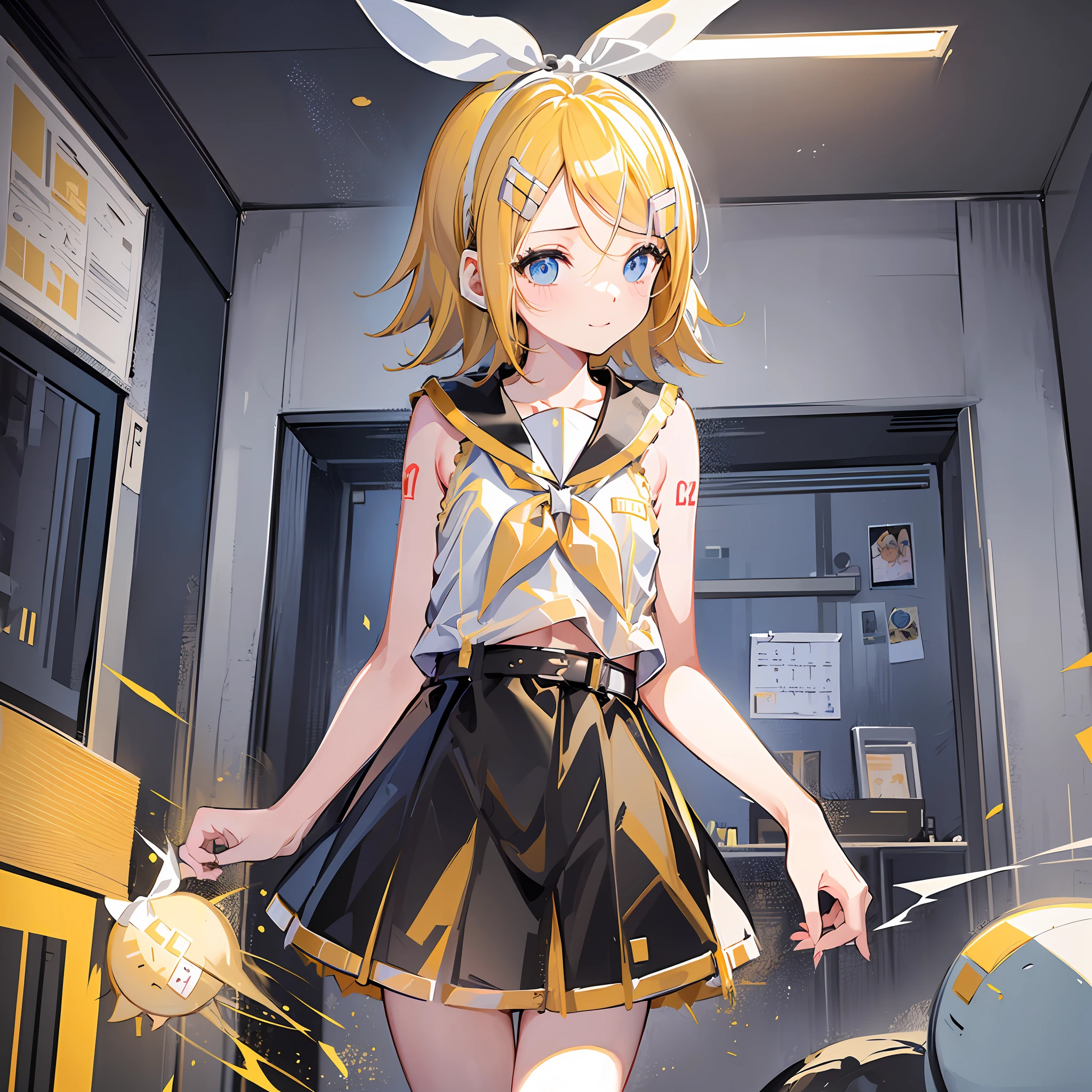 (Masterpiece), (Best Quality), (Illustration), (Ultra Detailed), (High Resolution), Absurdity, One Girl, (Kagamine_Rin:1.5), (Vocaloid), Shoulders are cut off, Short Hair, Hair Clip, Blush, (Blonde), Very Cute Girl, Small, Young, Delicate, Attention to Girl, Living Room, Cute, She, Smile, Best Moment, Sailor Suit, Black Shortscute, belt, blue eyes, bright eyes, cool