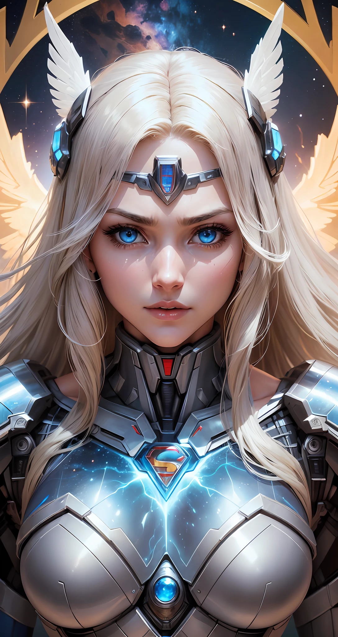 Beautiful Supergirl, 4K, High Resolution, Masterpiece, Best Quality, Clear Focus, (Movie Lighting), Clavicle, [:( Facial details: 1.2:0.2], (Mecha Woman, Invincible Mecha), Broken Armor Shock, Long White Hair, Robotic Arm, Ceramic Exoskeleton, (Bird-like Wings: 1.4, Mechanical Wings: 1.5, Eagle Wings: 1.4), Heavy Armor, Slightly convex chest, (Gorgeous Universe, Planet Background), Extreme Cosmic Storm Style, Translucent and Reflective Skin, The world's best image quality of ultra-8K, unlimited freedom to display the dynamic posture of the mecha,   exquisite facial features, surreal feel, (realism: 1.5). Blue eyes, long-haired blonde, wearing Superman's S on her chest. --auto --s2