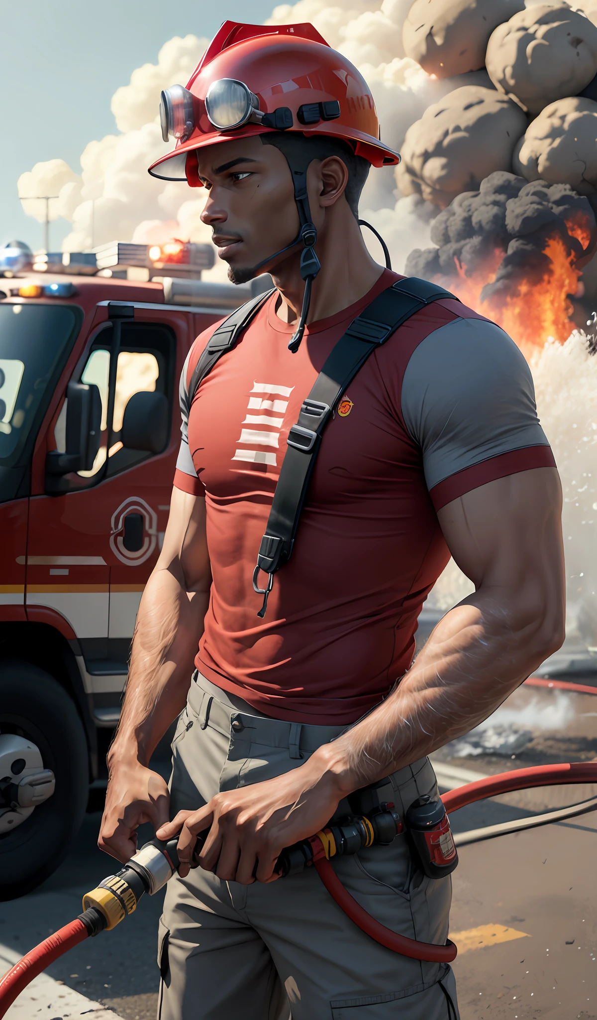 firefighter, realistic, 4k,in action putting out the fire,cinematic, anime, boys, beautiful african,30yo,charismatic,helmet,(red t-shirt) and (grey pants,) hoses and water,smoke
