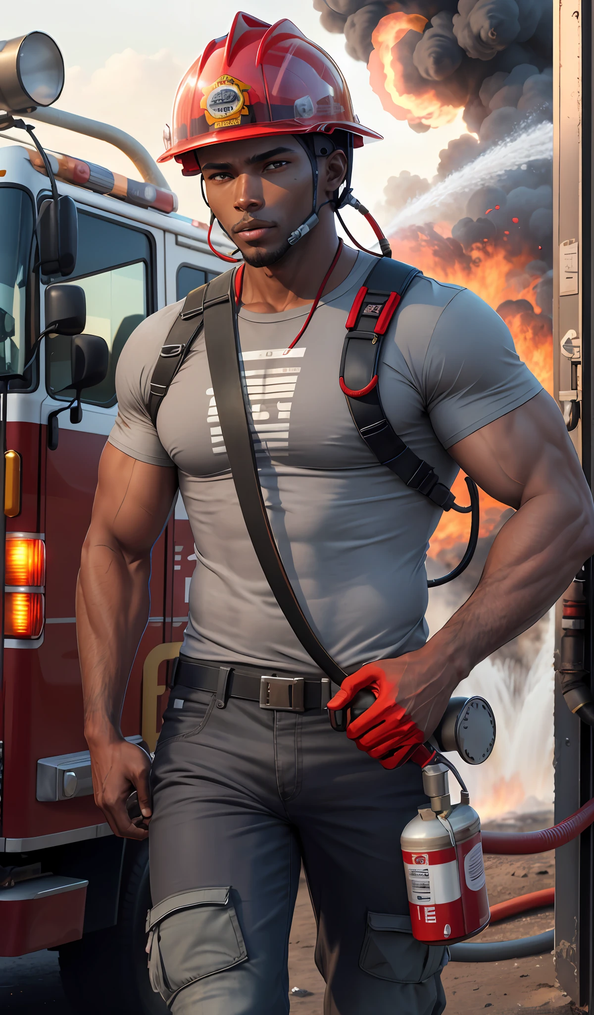firefighter, realistic, 4k,in action putting out the fire,cinematic, anime, boys, beautiful african,30yo,charismatic,helmet,(red t-shirt) and (grey pants,) hoses and water,smoke