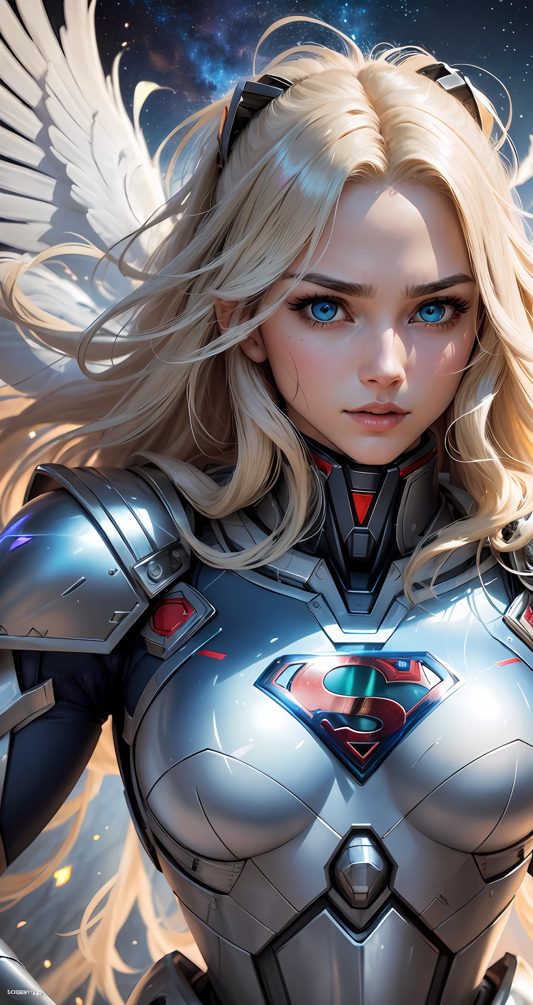 Beautiful Supergirl, 4K, High Resolution, Masterpiece, Best Quality, Clear Focus, (Movie Lighting), Clavicle, [:( Facial details: 1.2:0.2], (Mecha Woman, Invincible Mecha), Broken Armor Shock, Long White Hair, Robotic Arm, Ceramic Exoskeleton, (Bird-like Wings: 1.4, Mechanical Wings: 1.5, Eagle Wings: 1.4), Heavy Armor, Slightly convex chest, (Gorgeous Universe, Planet Background), Extreme Cosmic Storm Style, Translucent and Reflective Skin, The world's best image quality of ultra-8K, unlimited freedom to display the dynamic posture of the mecha,   exquisite facial features, surreal feel, (realism: 1.5). Blue eyes, long-haired blonde, wearing Superman's S on her chest. --auto --s2