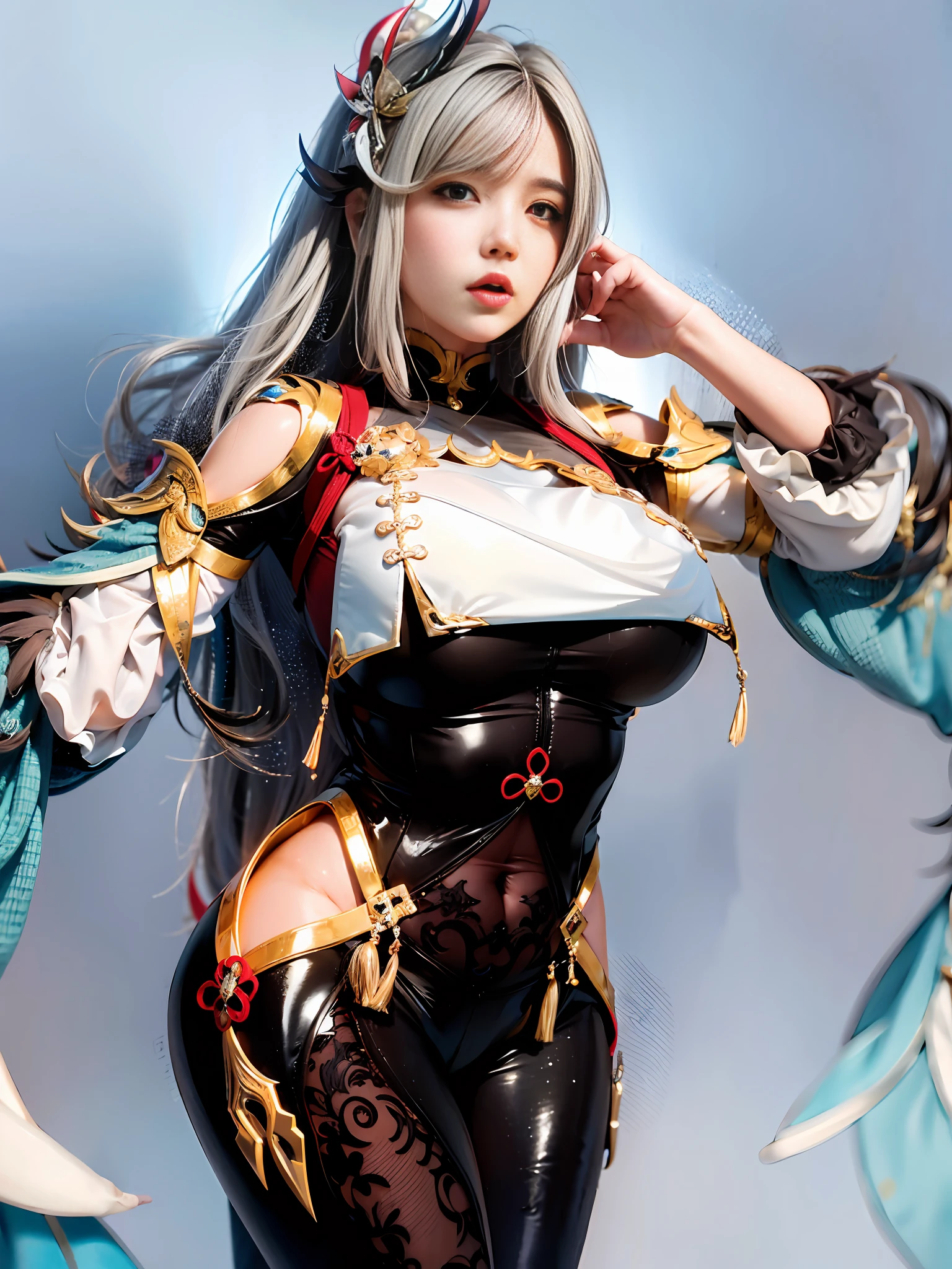 Unreal Engine 5 Realistic Rendering, (8k, RAW photo, best quality, masterpiece:1.2), ulra high res, (photorealistic:1.4), 1girl,thighhighs, (Kpop idol),(aegyo sal:1),((puffy eyes)), silver eyes, looking at viewer,(realistic, photo-realistic:1.37),1girl, (cool face:0.6), professional lighting, photon mapping, radiosity, physically-based rendering,shiny hair, long hair,hair_ornament,hair_between_eyes, long_hair,  (silver_hair:1.2),bangs, genshin impact, shenhe \(genshin impact\), Shenhe \(genshin impact\), grass field, mountains background, Shenhe, (half body shot: 1.5), standing, (long spear in hand: 1.5), snow flakes effect, white sparkling effect, beautiful face, top body is hyper realistic thicc muscle and hyper largest_breasts!! with the type of boobs_melons, lower is huge buttocks, wet shiny body