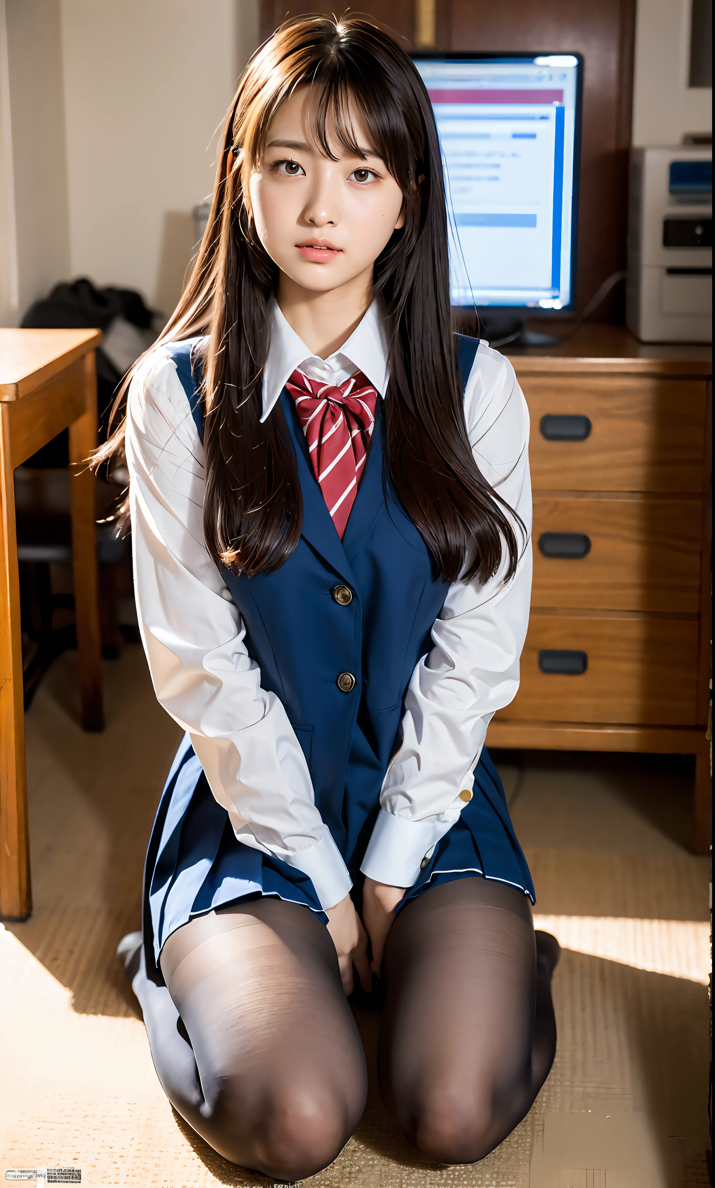 ulzzang-6500-v1.1, (raw photo:1.2), (photorealistic:1.4), beautiful detailed girl, very detailed eyes and face, beautiful detailed eyes, ridiculous, incredibly ridiculous, huge file size, super detailed, high resolution, very detailed, best quality, masterpiece, kemomimi, ((Japanese girls' high school uniform)), illustration, very detailed, CG, unified, 8k wallpaper, amazing, Fine details, masterpiece, best quality, very detailed CG uniform 8k wallpaper, light on face, cinematic lighting, 1girl, , ((no panties)), ((dynamic pose))), (camel toe), (half), (pantyhose), (knee-bending leg sitting))