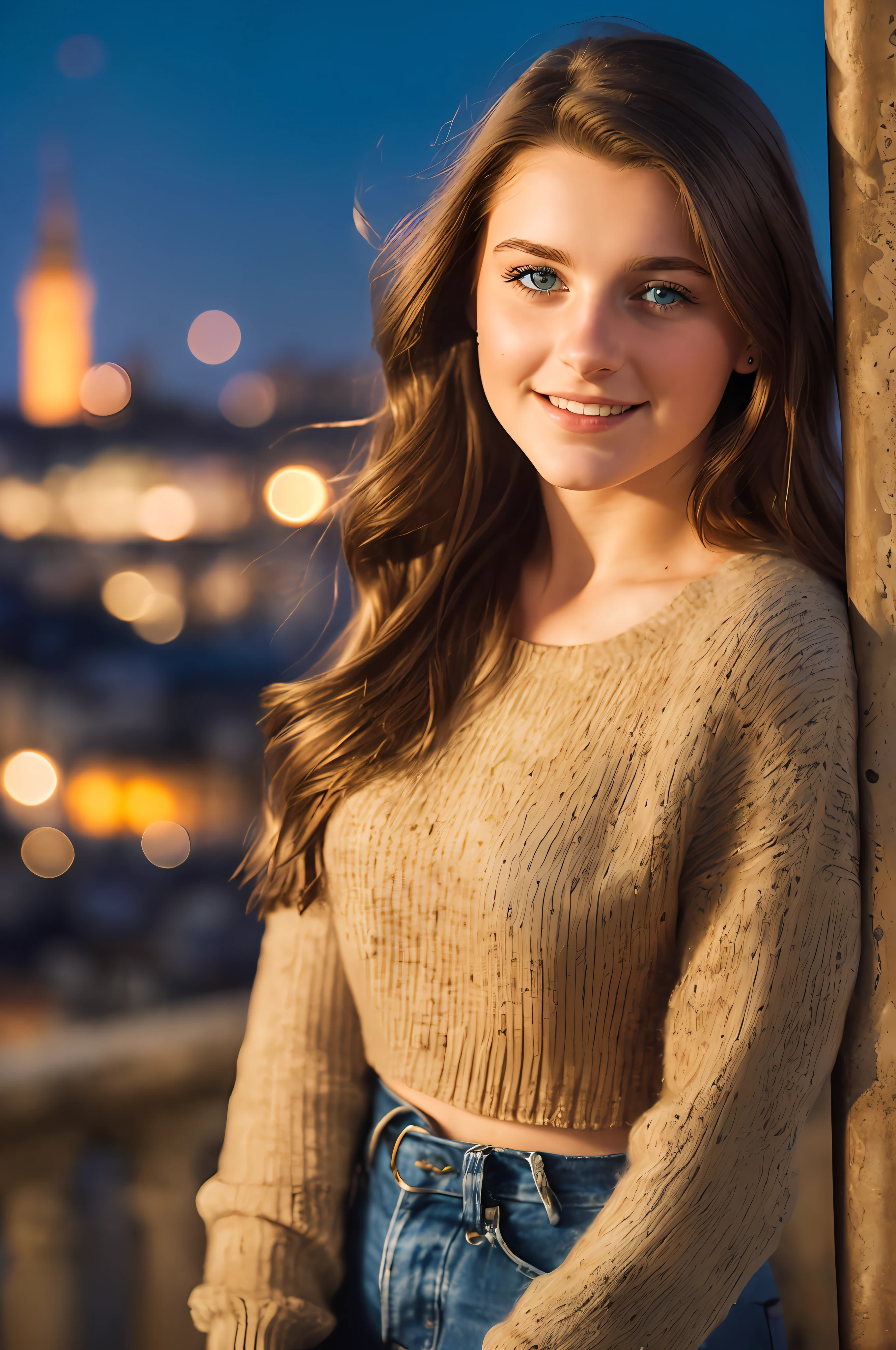 A portrait of a young woman with brown hair, blue eyes, ((18 years old)), ((upper body portrait, happy)), European city in the background, ((old poles)), ((nice weather)), (((night)), dark lighting, realistic shadows, ultra realistic, photorealistic, 8K, Full HD, 55mm lens, closeup shot, volumetric lighting