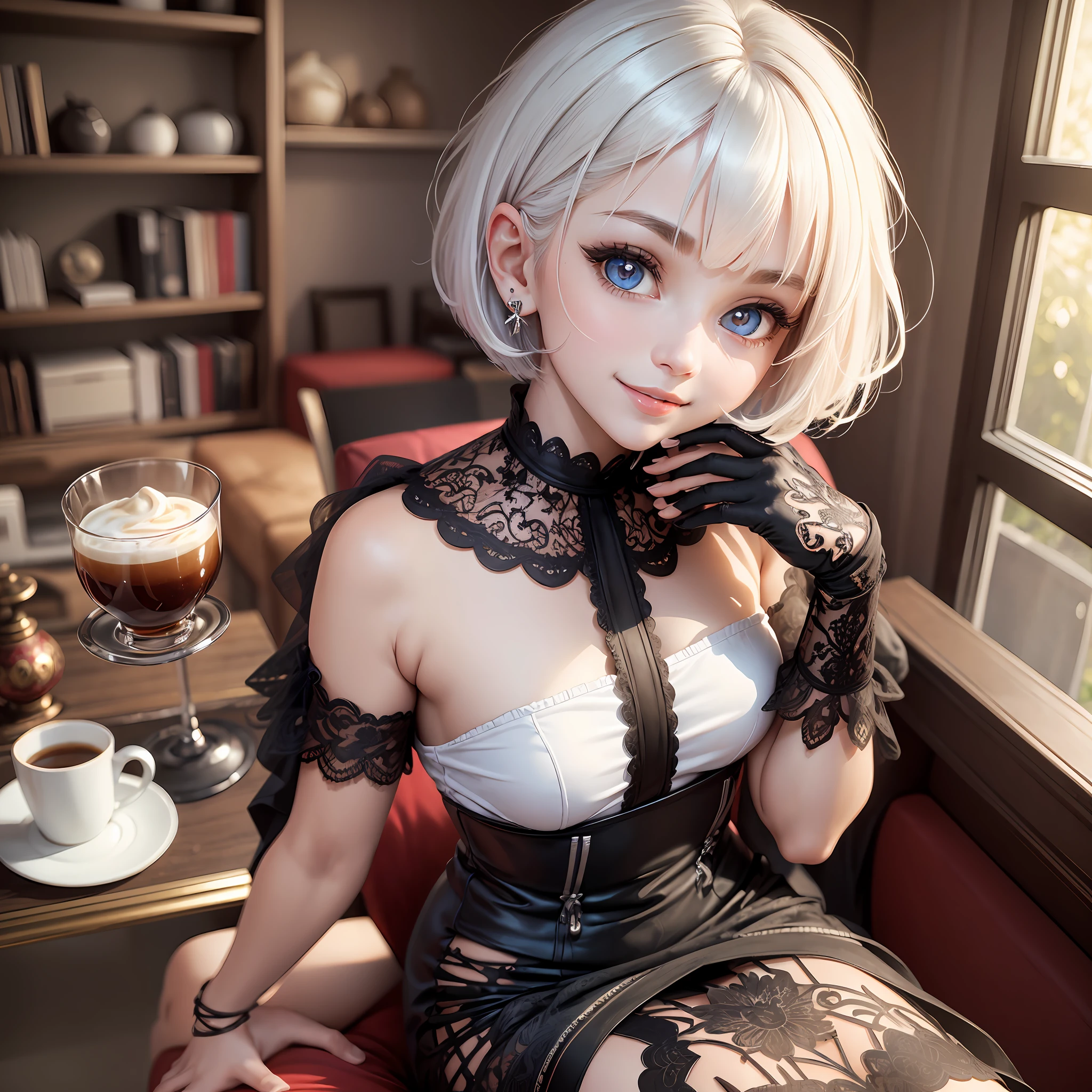 (masterpiece),(best quality),(ultra-detailed), (full body:1.2), 1girl,chibi,cute, smile, white Bob haircut, red eyes, earring, white shirt,black skirt, lace legwear, (sitting on red sofa), seductive posture, smile, A sleek black coffee table sits in front of the sofa and a few decorative items are placed on the shelves, (beautiful detailed face), (beautiful detailed eyes), --auto --s2