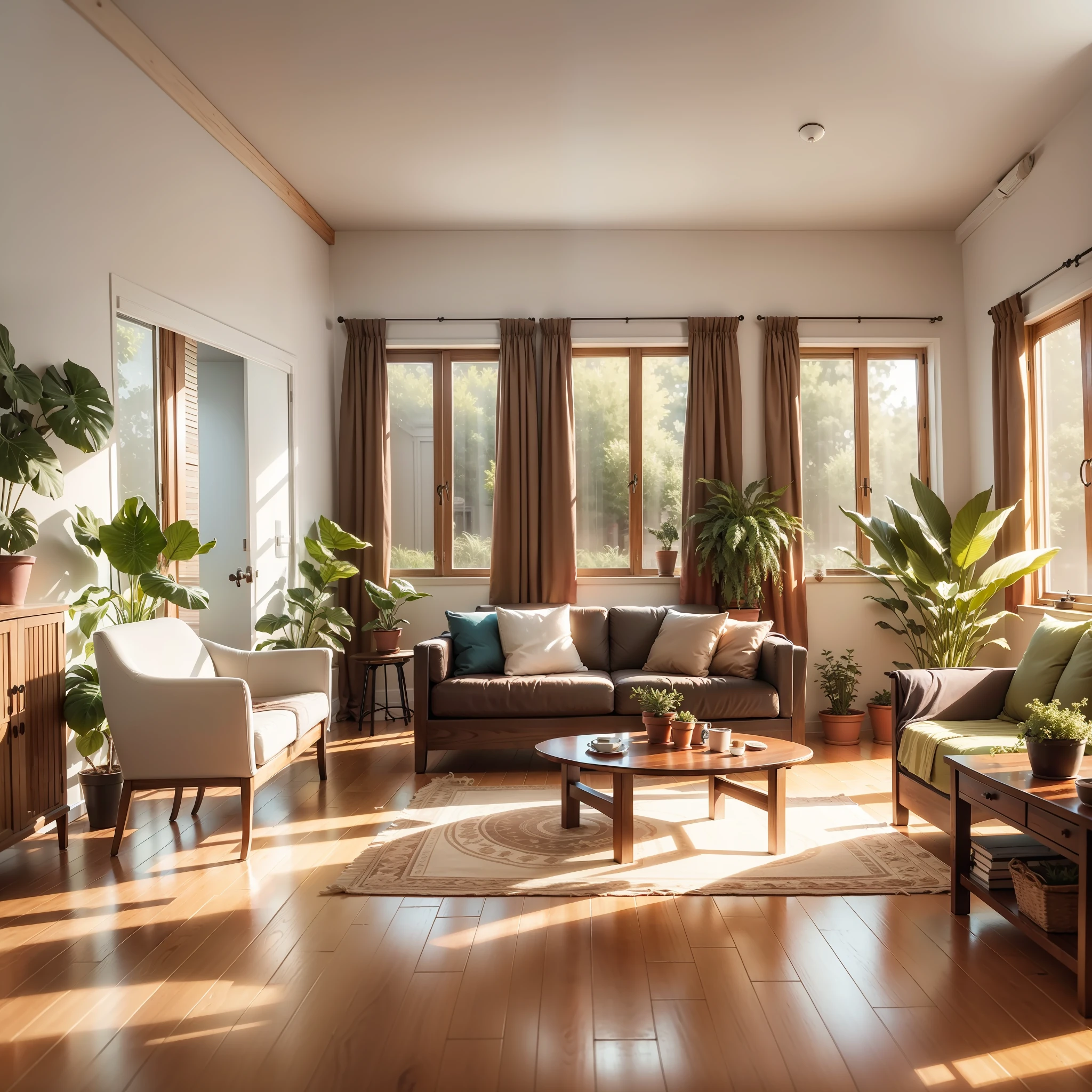 Living room with brown wooden furniture, open windows with curtains, tables with potted plants, shadows, afternoon light, wooden plank floor floor, super realistic, 8k --auto --s2