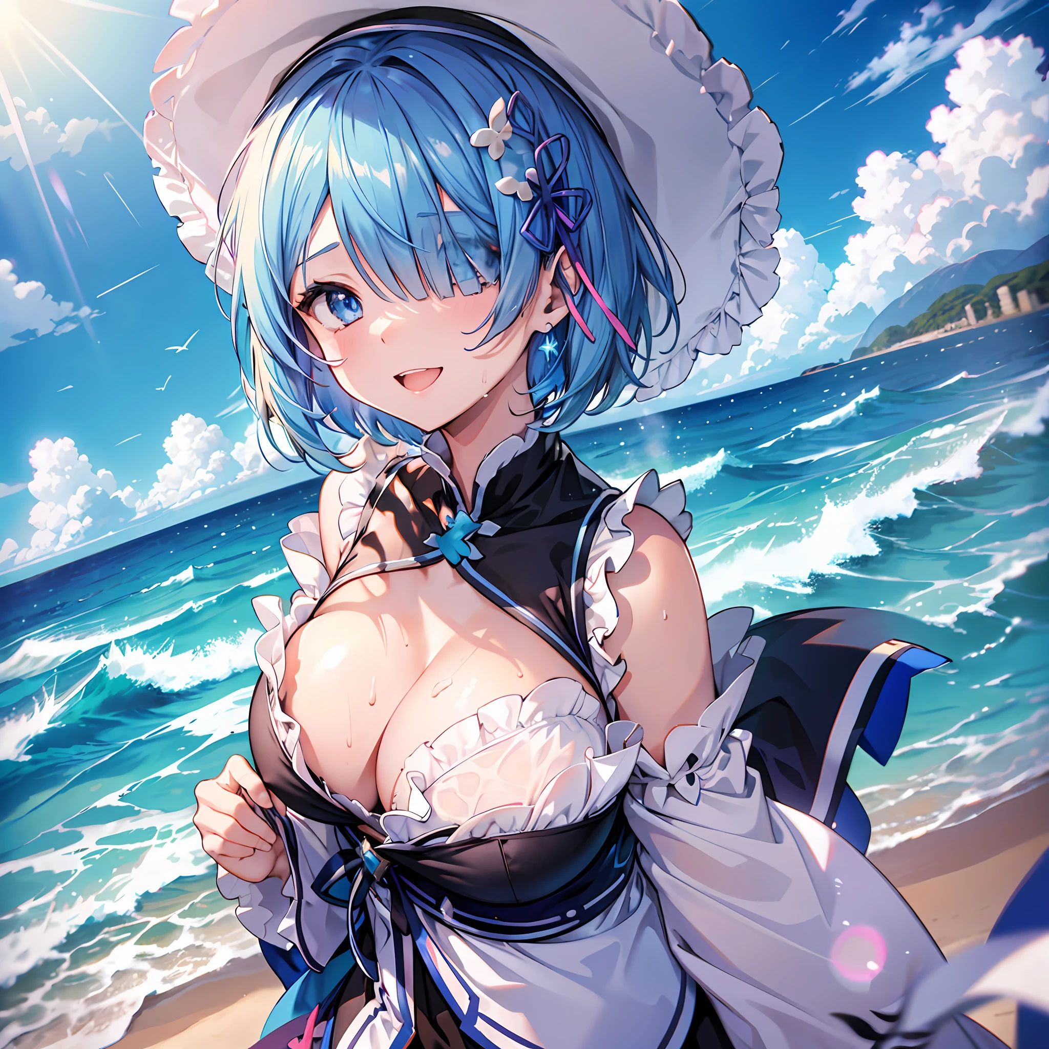 absurdres, highres,
BREAK
looking at viewer, cowboy shot, (from above:1.5)
BREAK
(vivid-color:1.3)
BREAK
(one girl:1.3), (:1.2), rem_(re:zero), (re:zero kara hajimeru isekai seikatsu:1.5), (blue hair:1.5), (blue eyes:1.5), (hair over one eye:1.8), (upturned eyes, smile:1.2), hairclip, earrings, jewelry, nm1, ribon, (short hair:1.5), (bob cut:1.5), (black strings bikini:1.2), (White fluid on the body:1.4), (thighs:1.3), (huge breasts, cleavage:1.3), (breasts focus, milk drip on breasts:1.3), (put a stick between one's breasts:1.3), (smile face:1.3), open mouth, (breast:1.3), round eyes, (cum in breasts:1.2), (blowing in the wind:0.5), (sweat around girl, dripping sweat:1.3), squall (wind:1.2), sense of speed, refreshing breeze, motion blur effect, wind
BREAK
background is (beach:1.3), (Stand in the center of the screen:1.3), outdoors, wind
BREAK
sunlight, magnificent view, light particles, dynamic angle, dutch angle, perspective
BREAK
(daytime, sunbeam:1.2), depth of field, bokeh, light leaks, (chromatic aberration:1.2), noon
BREAK
