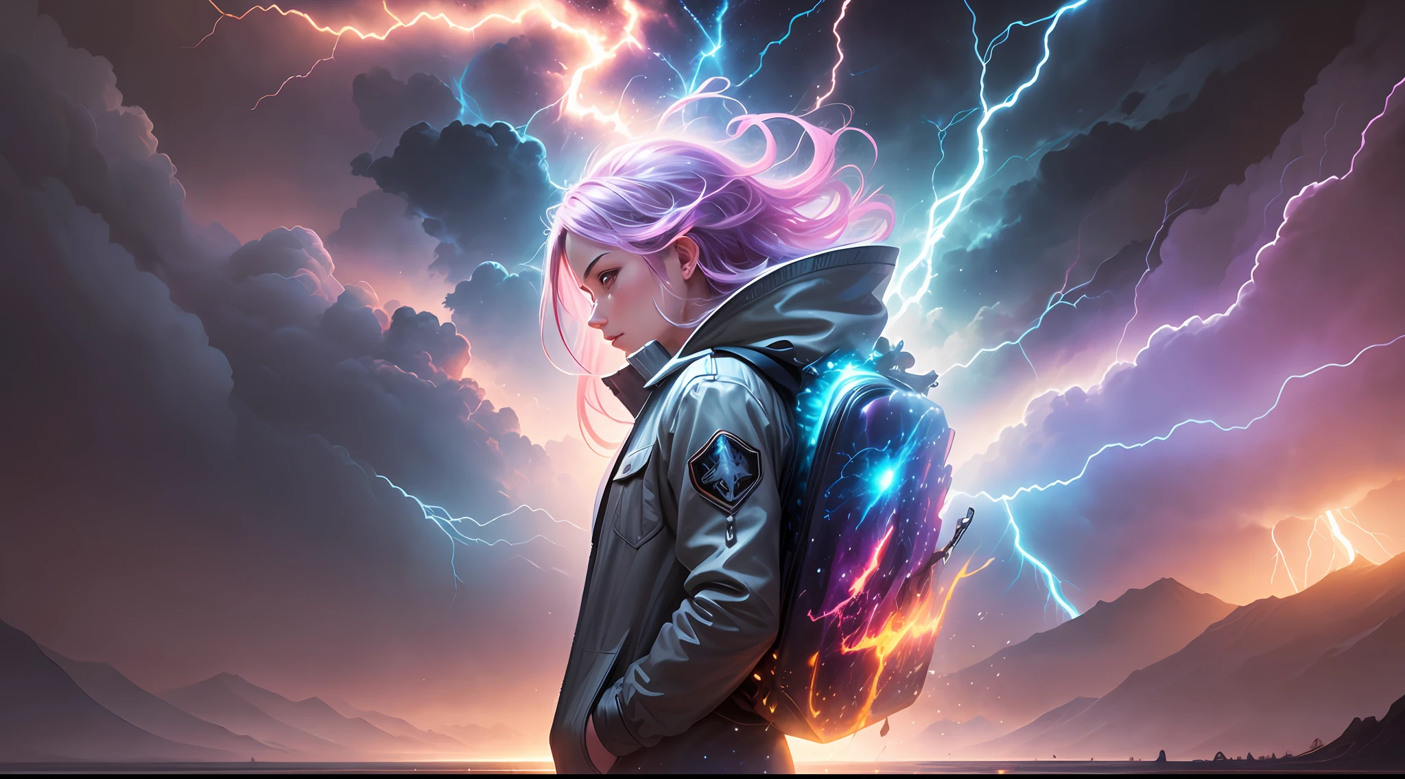 a man standing in front of lightning in the sky, fractal thunder dan mumford, incredible lightning art, surreal lighting, inspired by Cyril Rolando, splashes of lightning behind her, lightning creating life, she's attracting lightning, Cyril Rolando and Christopher Balaskas' Goro Fujita in Cyril Rolando style.