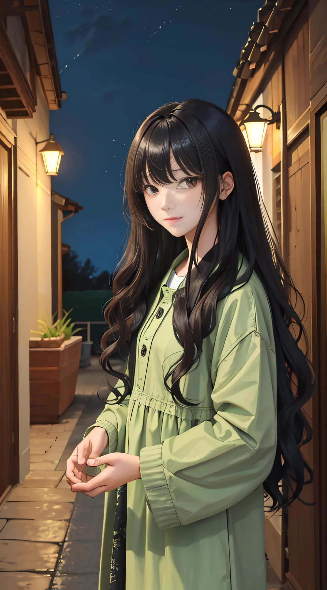 (masterpiece:1.2), (best quality:1.2), night, (looking at viewer), bright skin,
outdoors, fringe,
long hair, (wavy hair),