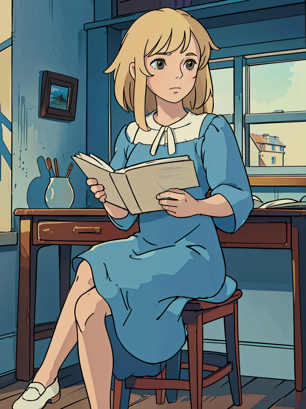 (Clara, a blonde girl, shoulder-length hair, brown eyes, wears a blue dress with white details, confused facial expression, sitting at a desk, reading geographies (best quality) (8k) (best rendering) (masterpiece) (perfect anatomy)