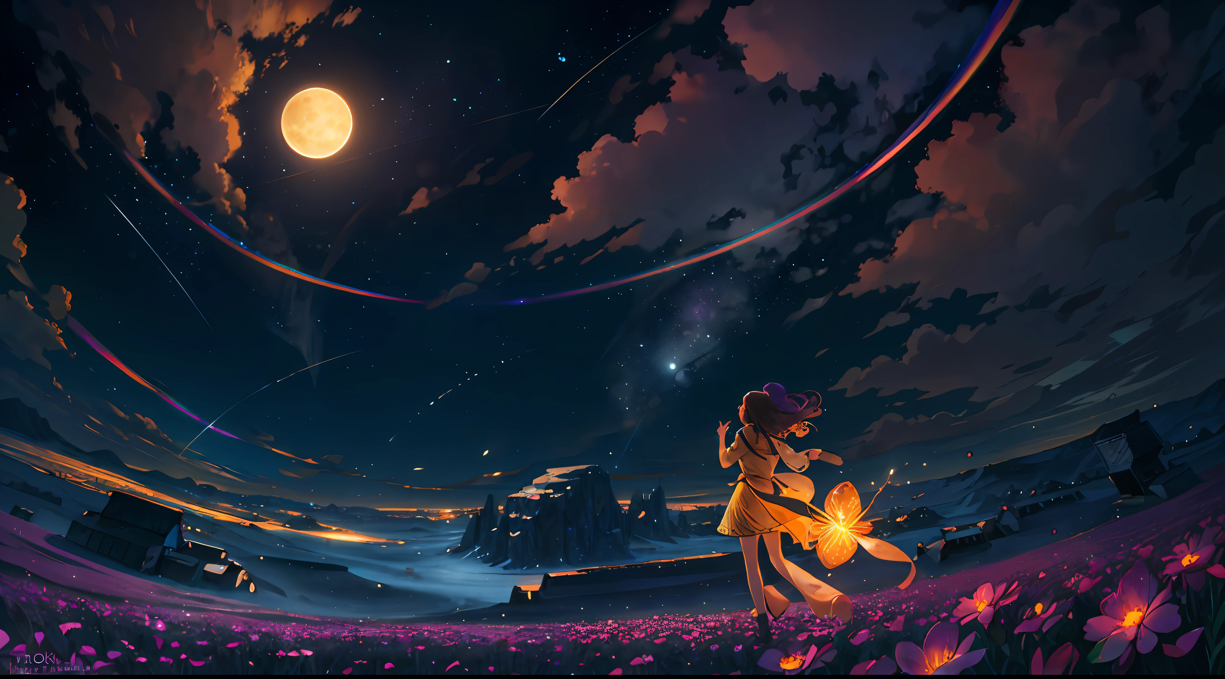Vast landscape photo, (viewed from below, the sky is above and the open field is below), a girl standing on a flower field looking up, (full moon: 1.2), (meteor: 0.9), (nebula: 1.3), distant mountains , Trees BREAK Crafting Art, (Warm Light: 1.2), (Fireflies: 1.2), Lights, Lots of Purple and Orange, Intricate Details, Volumetric Lighting, Realism BREAK (Masterpiece: 1.2), (Best Quality), 4k, Ultra-Detailed, (Dynamic Composition: 1.4), Very Detailed, Colorful Details, (Rainbow Colors: 1.2), (Glow Lighting, Atmospheric Lighting), Dreamy, Magical, (Solo: 1.2)