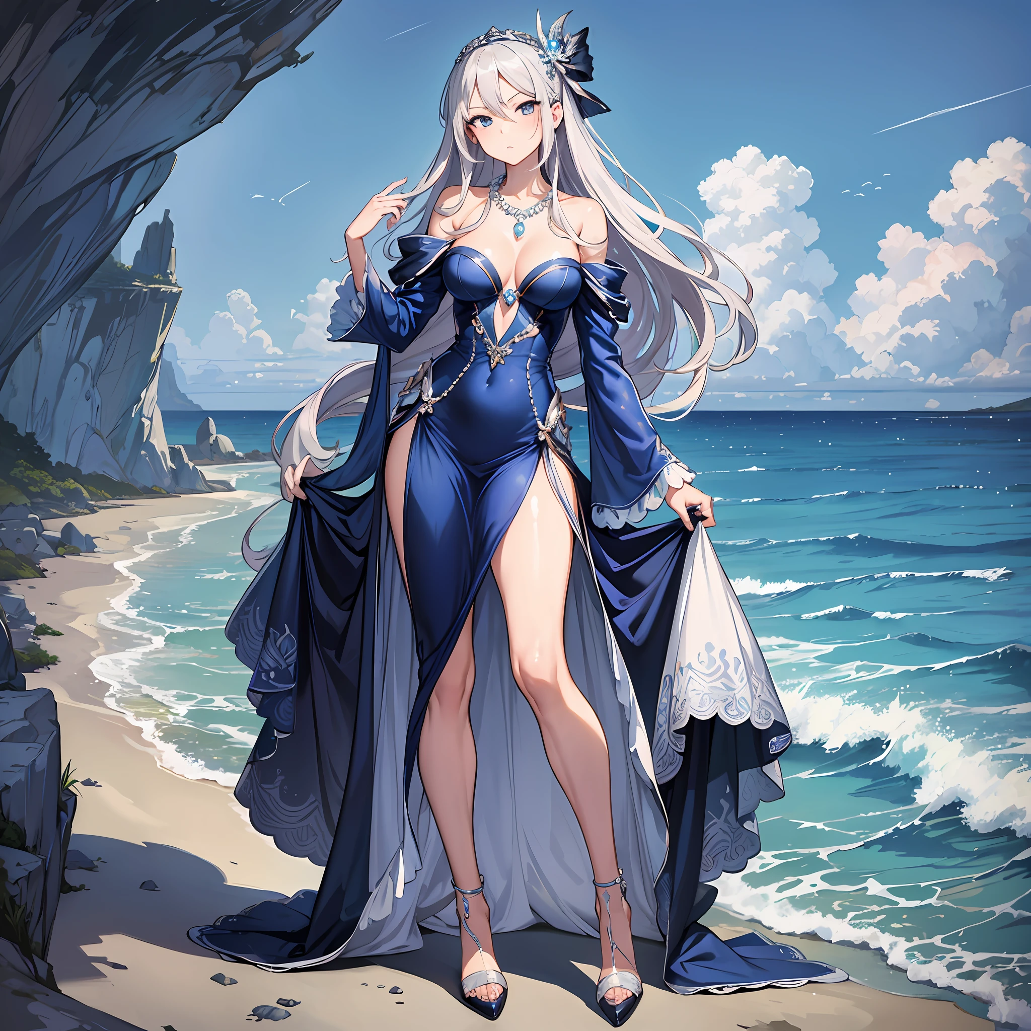 Masterpiece, 30 years age, female, long Silver hair, wearing mermaid headband, pearl necklace, Slanted eyes, blue navy long sexy dress, Standing at sea level, serious expression, with a sharp gaze, high heels, beautiful face, Full body, zoom out