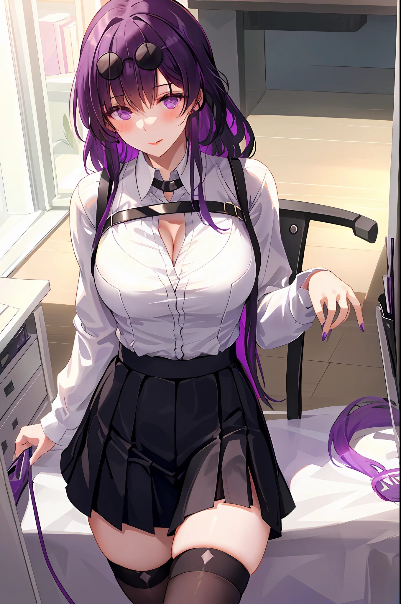 Kafka, 1girl, solo, ((white shirt)), black thighhighs, breasts, cleavage, uniform, office background, black skirt, pleated skirt, office, hair between eyes, sunglass on head, large breasts, long hair, looking at viewer, purple hair, purple short nails, purple eyes, solo, thighhighs, thighs, long hair, ((masterpiece)), sitting, chair, desk, computer on desk, name tag, id tag, indoor, blush, sexy pose,