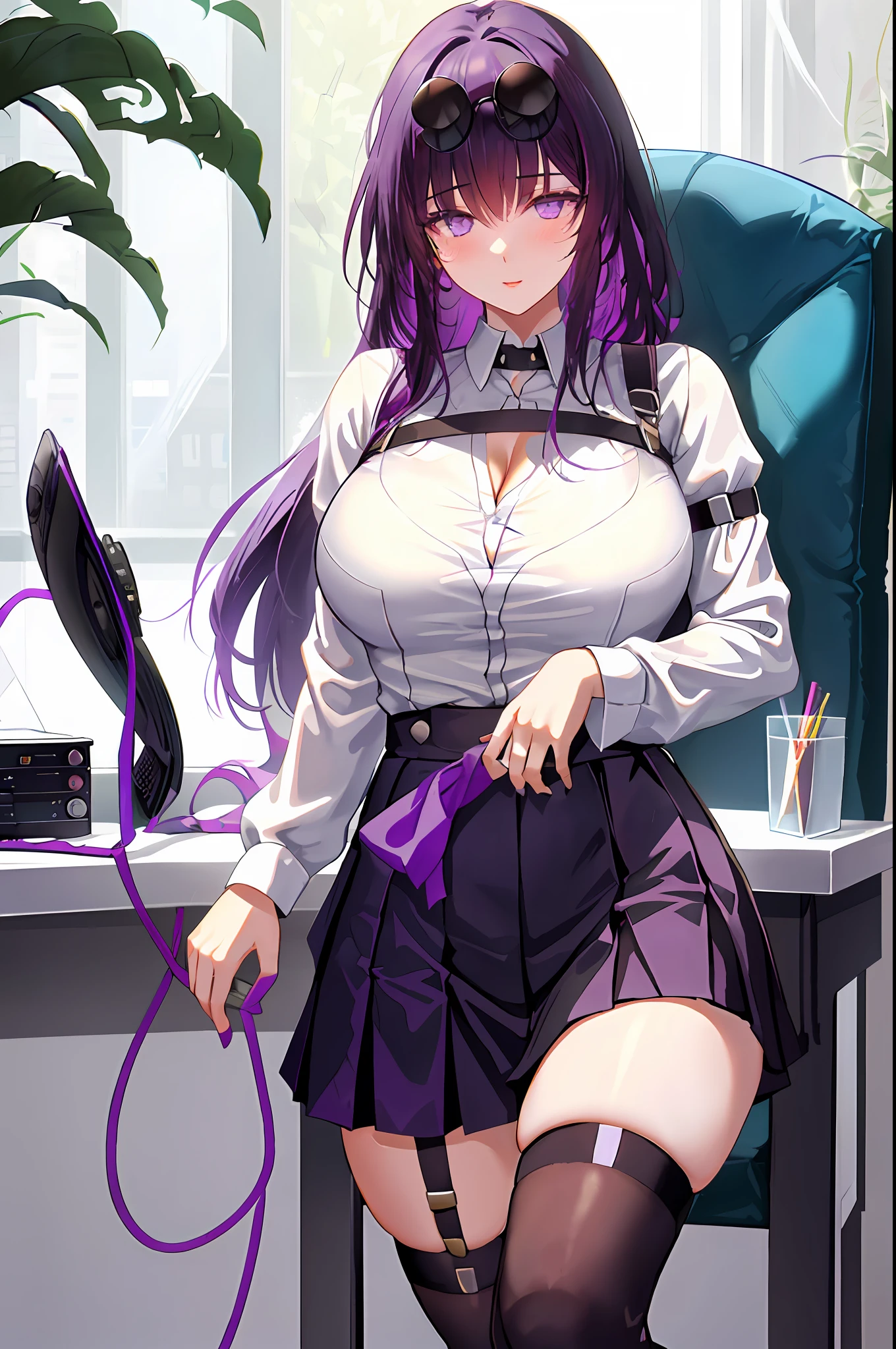 Kafka, 1girl, solo, ((white shirt)), black thighhighs, breasts, cleavage, uniform, office background, black skirt, pleated skirt, office, hair between eyes, sunglass on head, large breasts, long hair, looking at viewer, purple hair, purple short nails, purple eyes, solo, thighhighs, thighs, long hair, ((masterpiece)), sitting, chair, desk, computer on desk, name tag, id tag, indoor, blush, sexy pose,