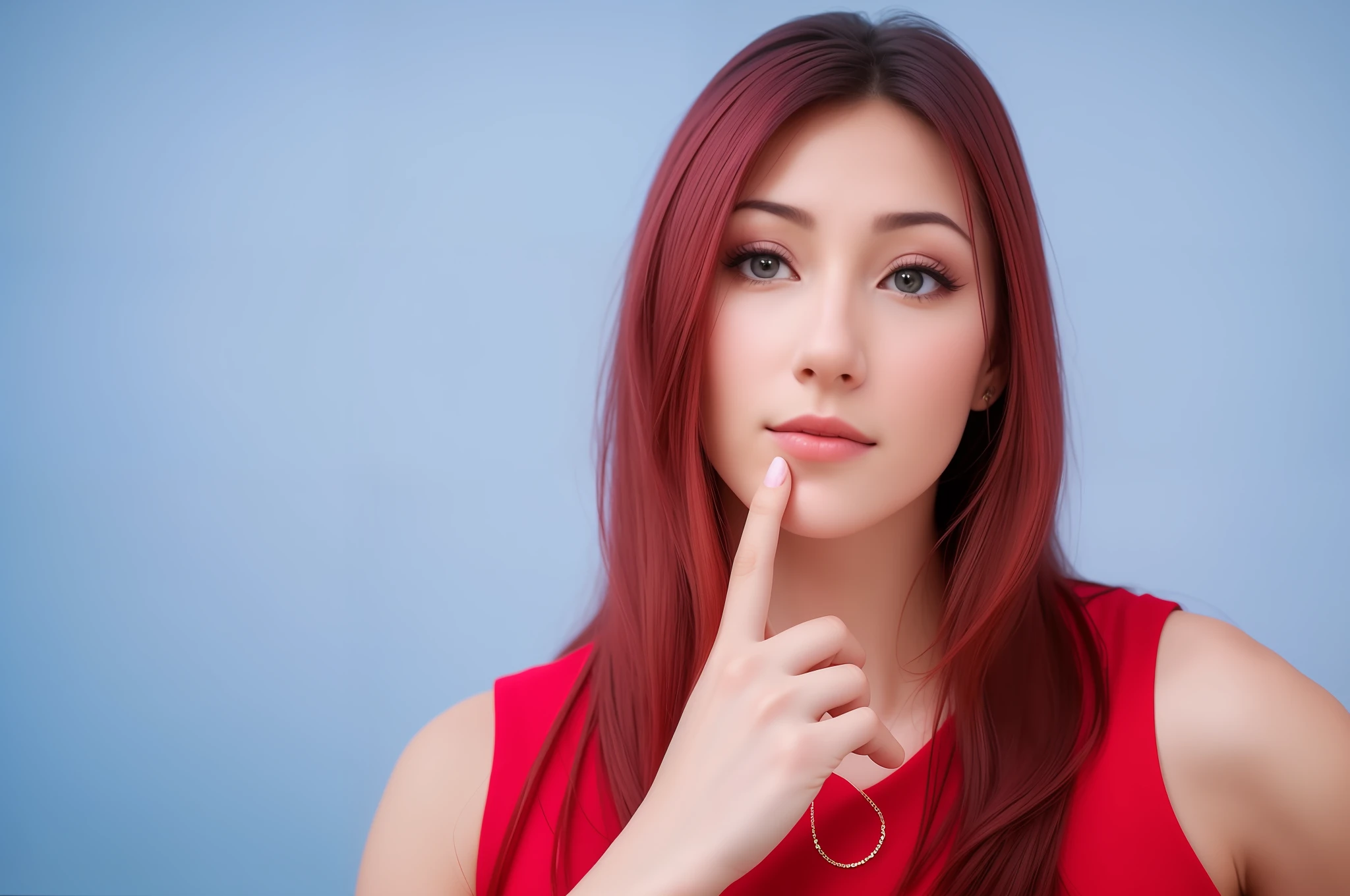 There's a woman in a red dress holding her finger to her lips, hand to chin, woman's face looking out of camera, looking up, featured, hovering indecision, pondering, thoughtful expression, hand on cheek, thoughtful, thin pointed chin, pointed chin, iStock, focus on pursed lips, thinking pose, profile picture, slick, thoughtful chin), looking confused