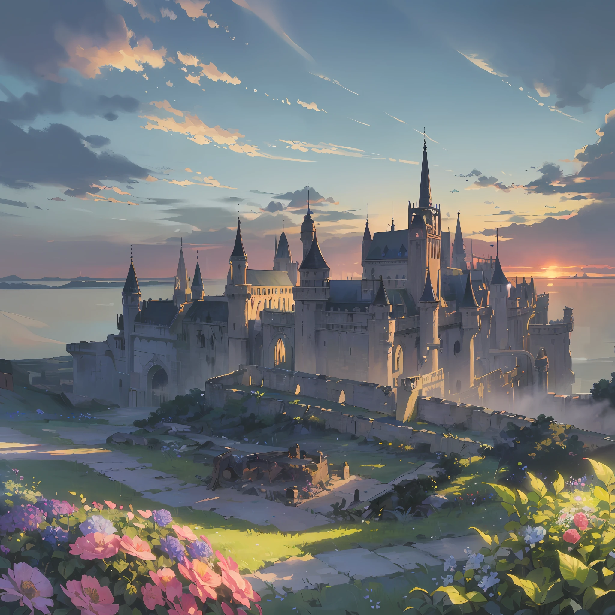 With the utmost attention to detail, paint a beautiful garden landscape with a plethora of colorful flowers, trees, and lush green shrubs. (best illustration, ultra-detailed CG, high resolution, dynamic angle, wide shot, vibrant colors, lush foliage, bunch of flowers, tree trunks, clear water, serene atmosphere, sunlight, Volumetric light)