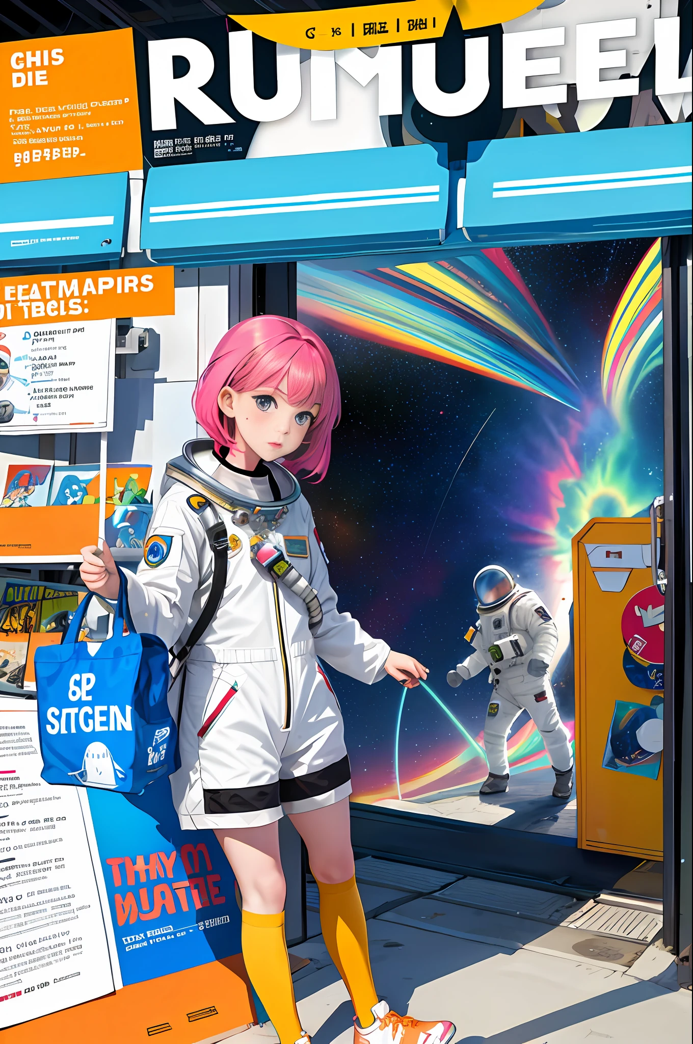 masterpiece, best quality, astronaut idol girl, colorful decorated space suits, colorful hair, outdoor, magazine cover ,full body,