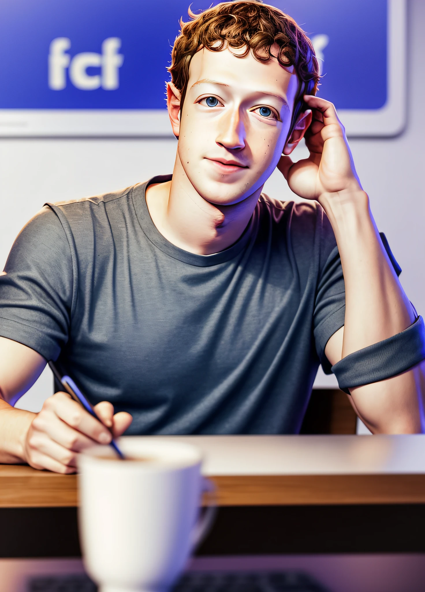 A photo of Mark Zuckerberg, creator of facebook, background to facebook logo