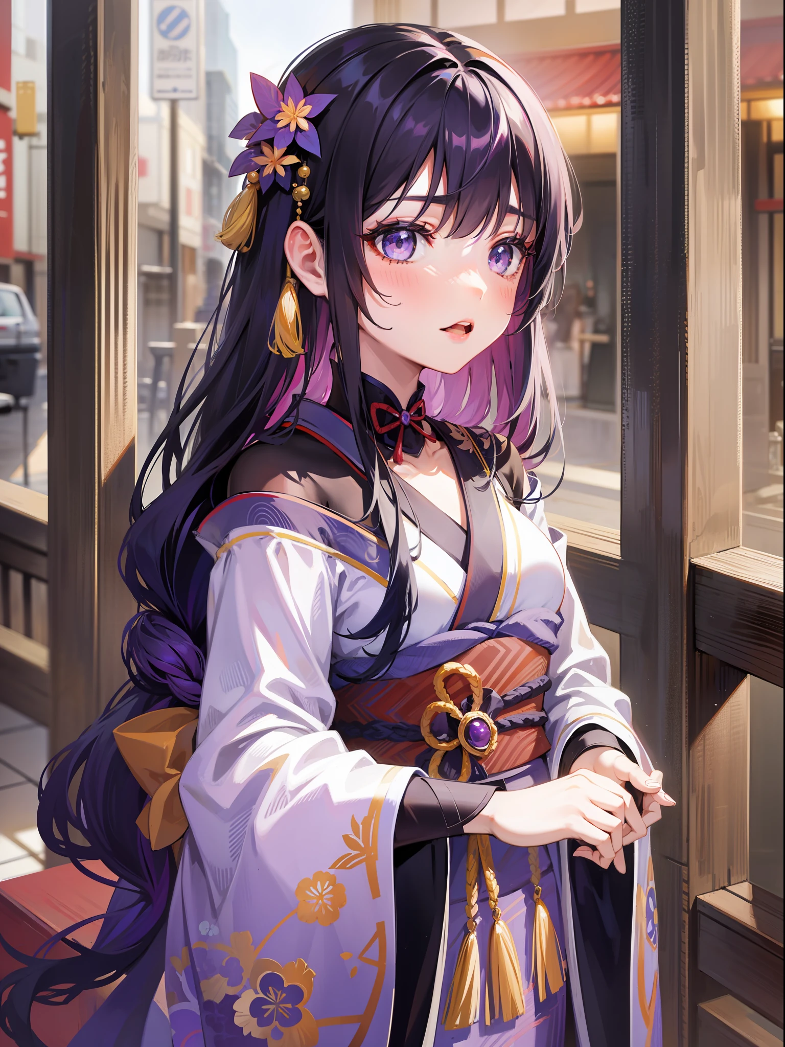 Beautiful [[Beautiful Japan]] girl with long [[long black hair]] wearing a kimono--style anime girl, Kuro Yuzen